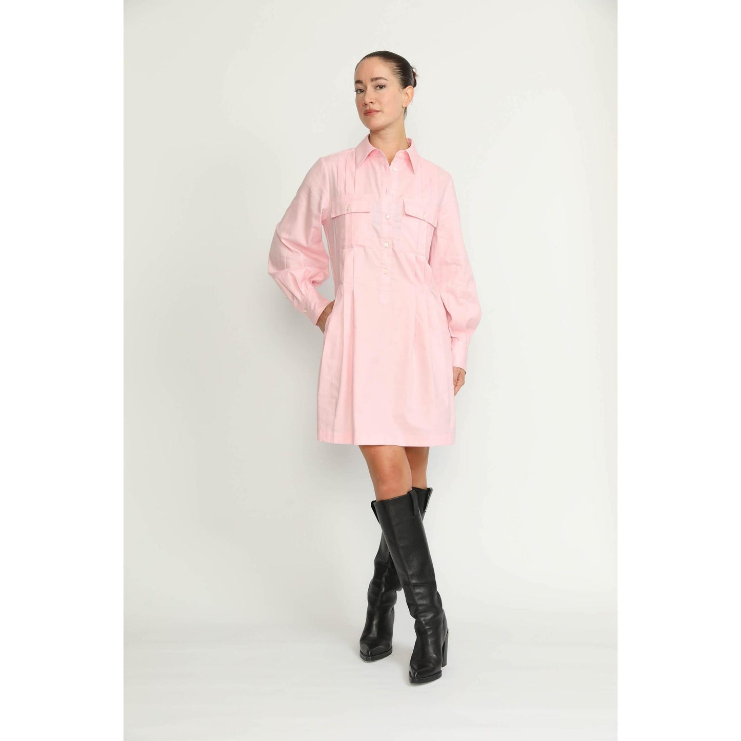 Women Pully Dress - Pully Short Shirt Dress in Pink Oxford