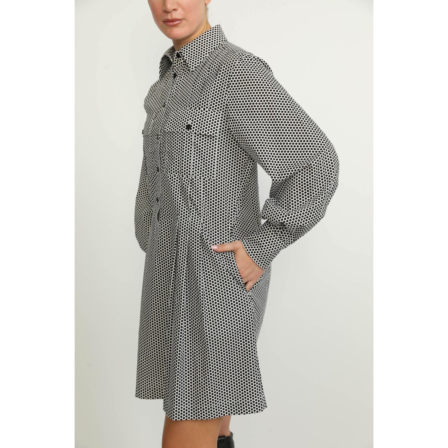 Women Pully Dress - Pully Short Shirt Dress in Black Polkadot