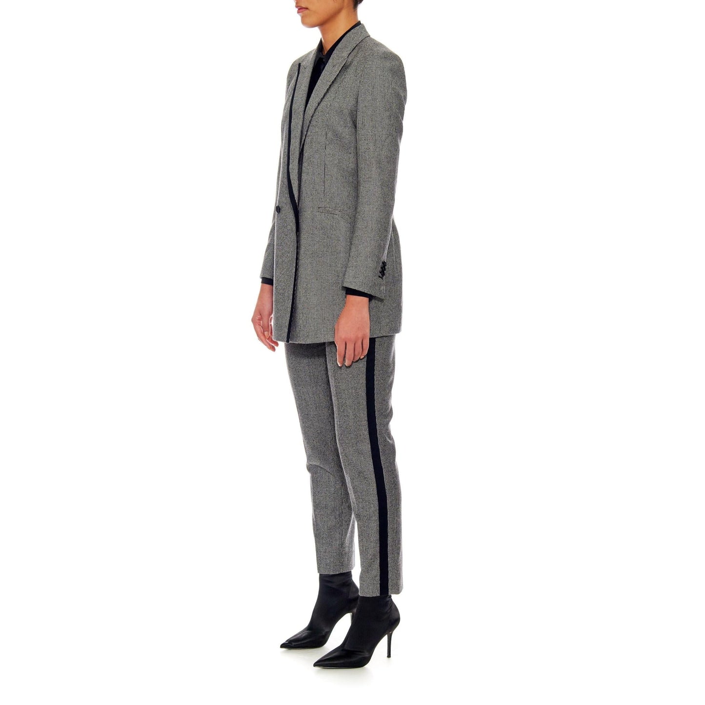 Women Marseille - Relaxed Fit Wool Suit Jacket in Black And White Houndstooth - Grey