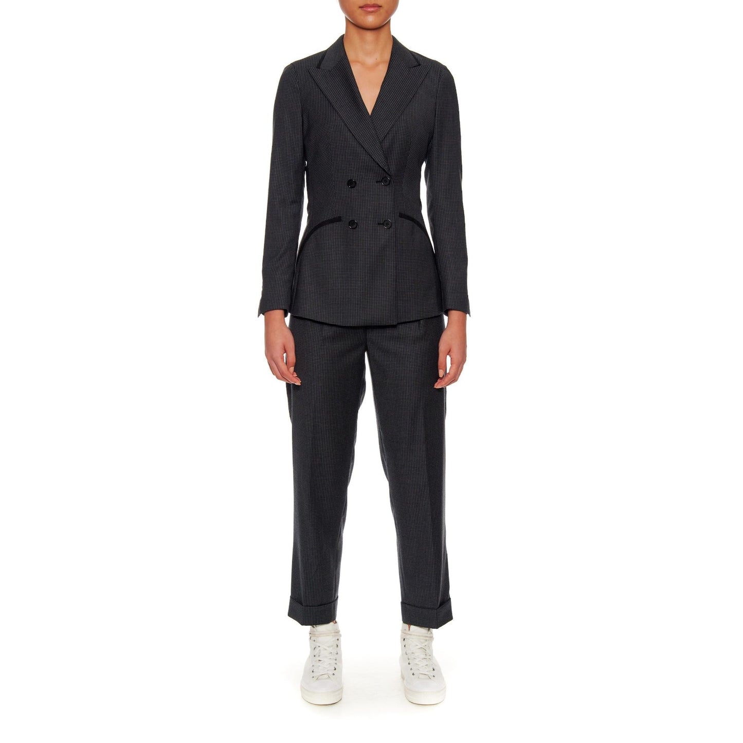 Women Nice Jacket - Double Breasted Slim Fit Wool Suit Jacket in Black/Grey