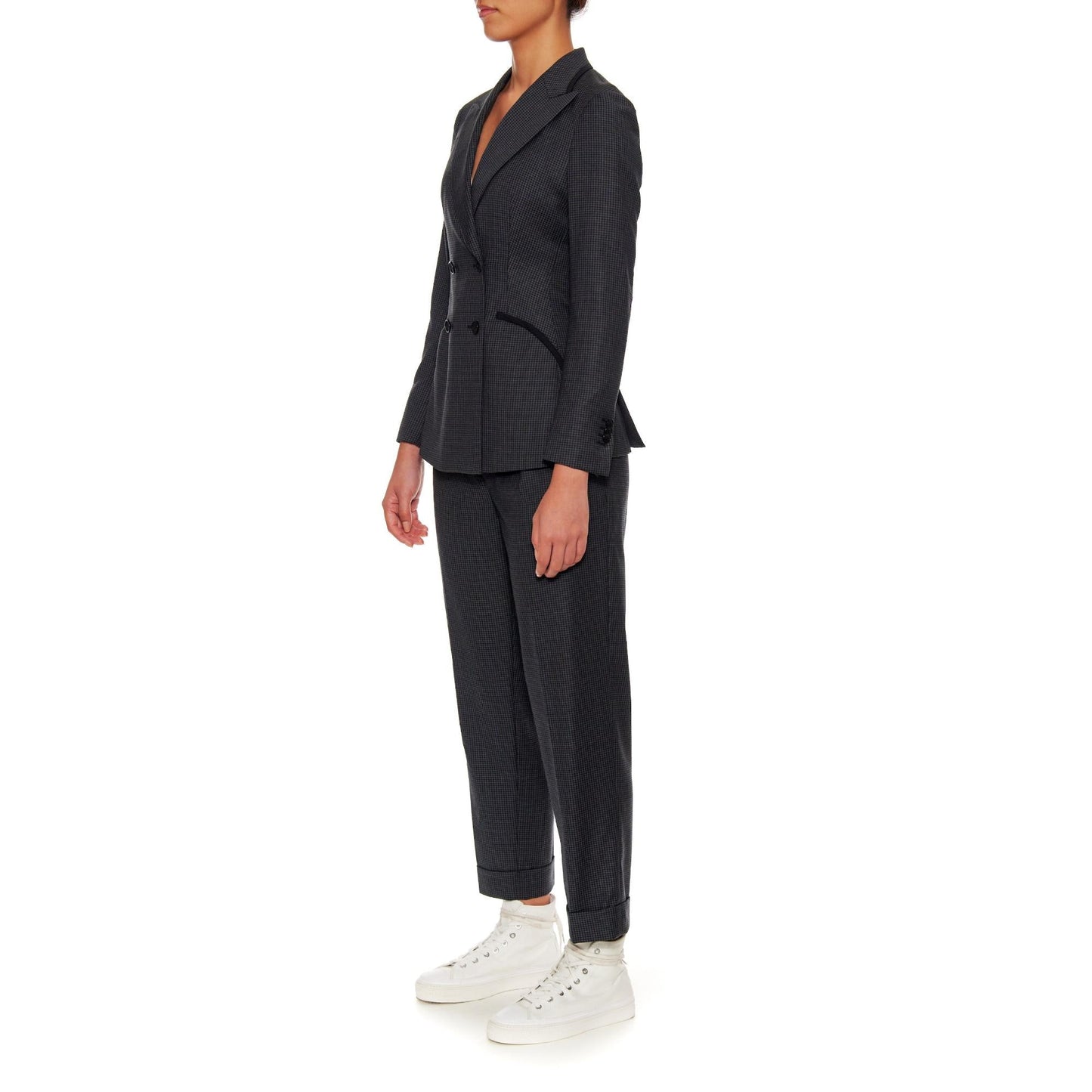 Women Nice Jacket - Double Breasted Slim Fit Wool Suit Jacket in Black/Grey
