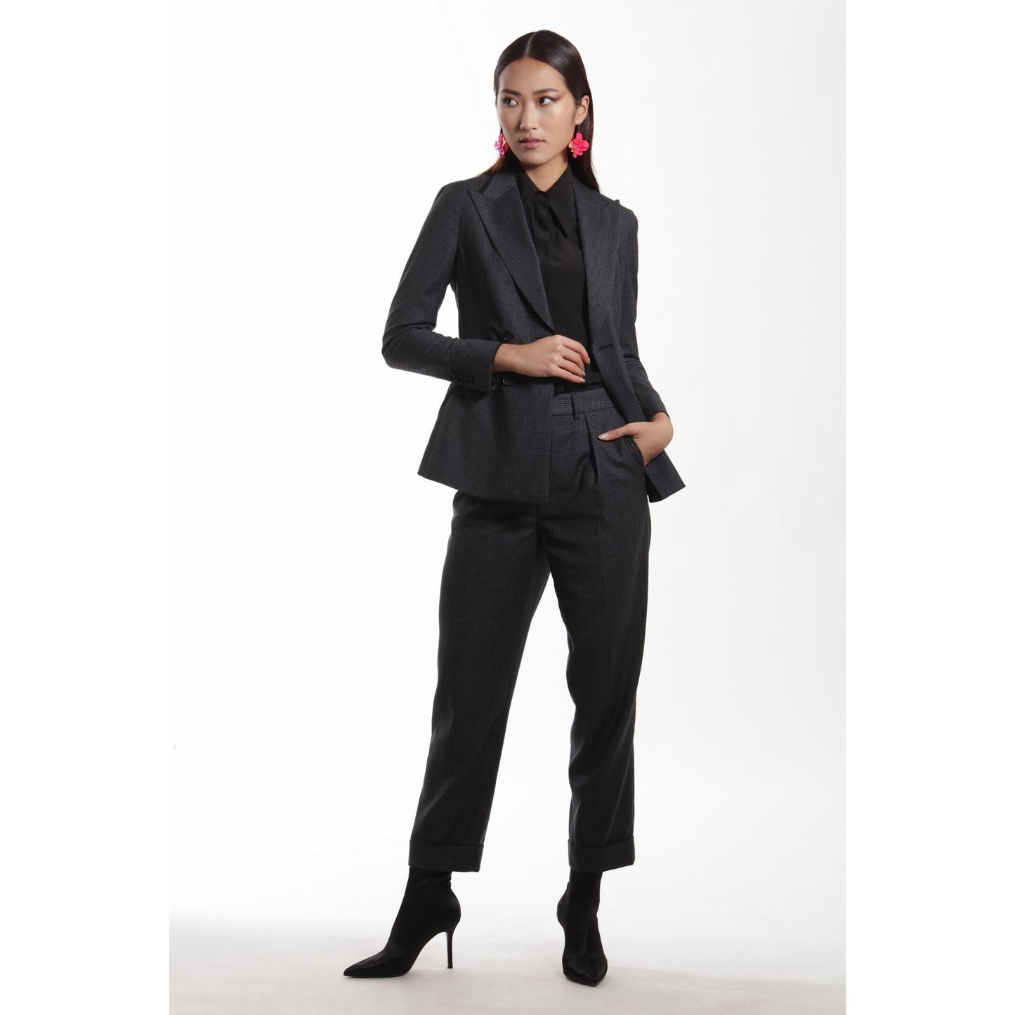 Women Nice Jacket - Double Breasted Slim Fit Wool Suit Jacket in Black/Grey