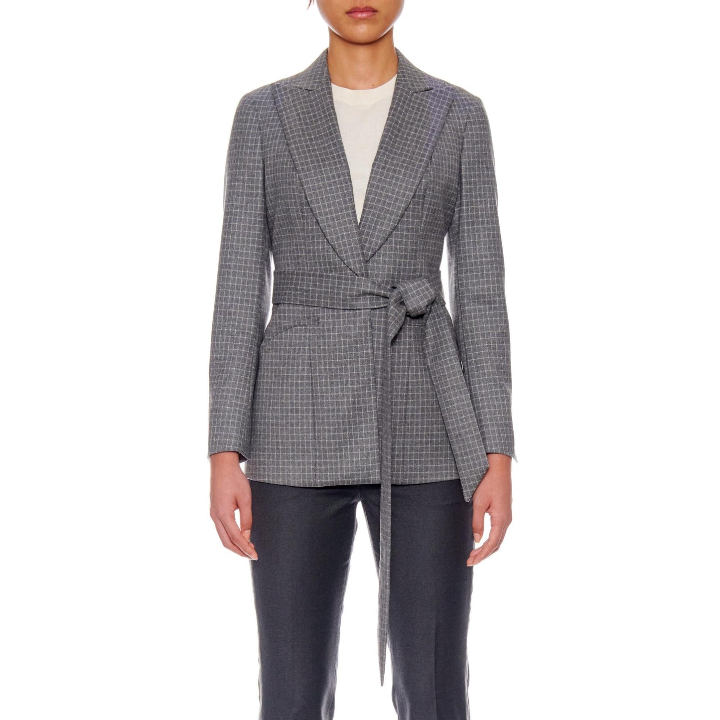 Women Montpellier Jacket - Wool Suit Jacket With Peaked Lapels in Grey Check