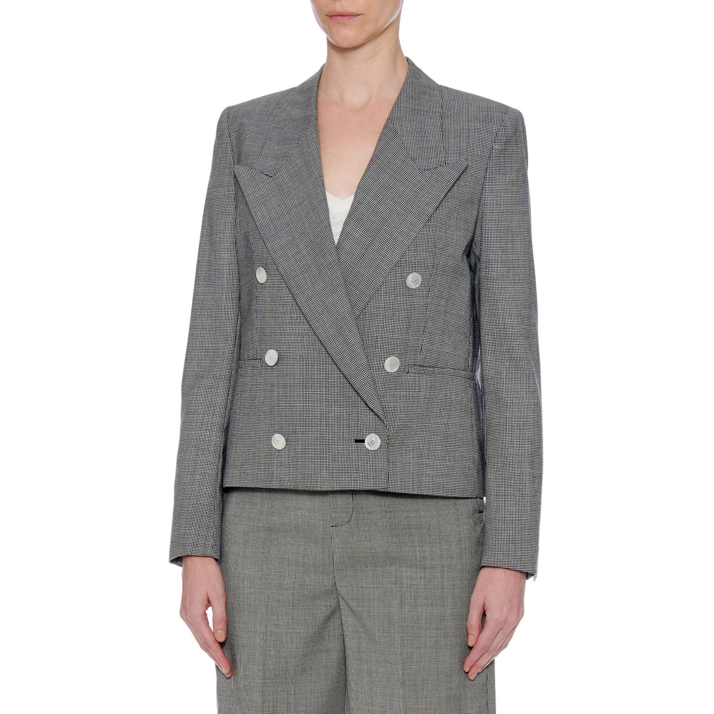 Women Oviedo Jacket - Peaked Lapels, Double Breasted Jacket in Houndstooth - Black/White
