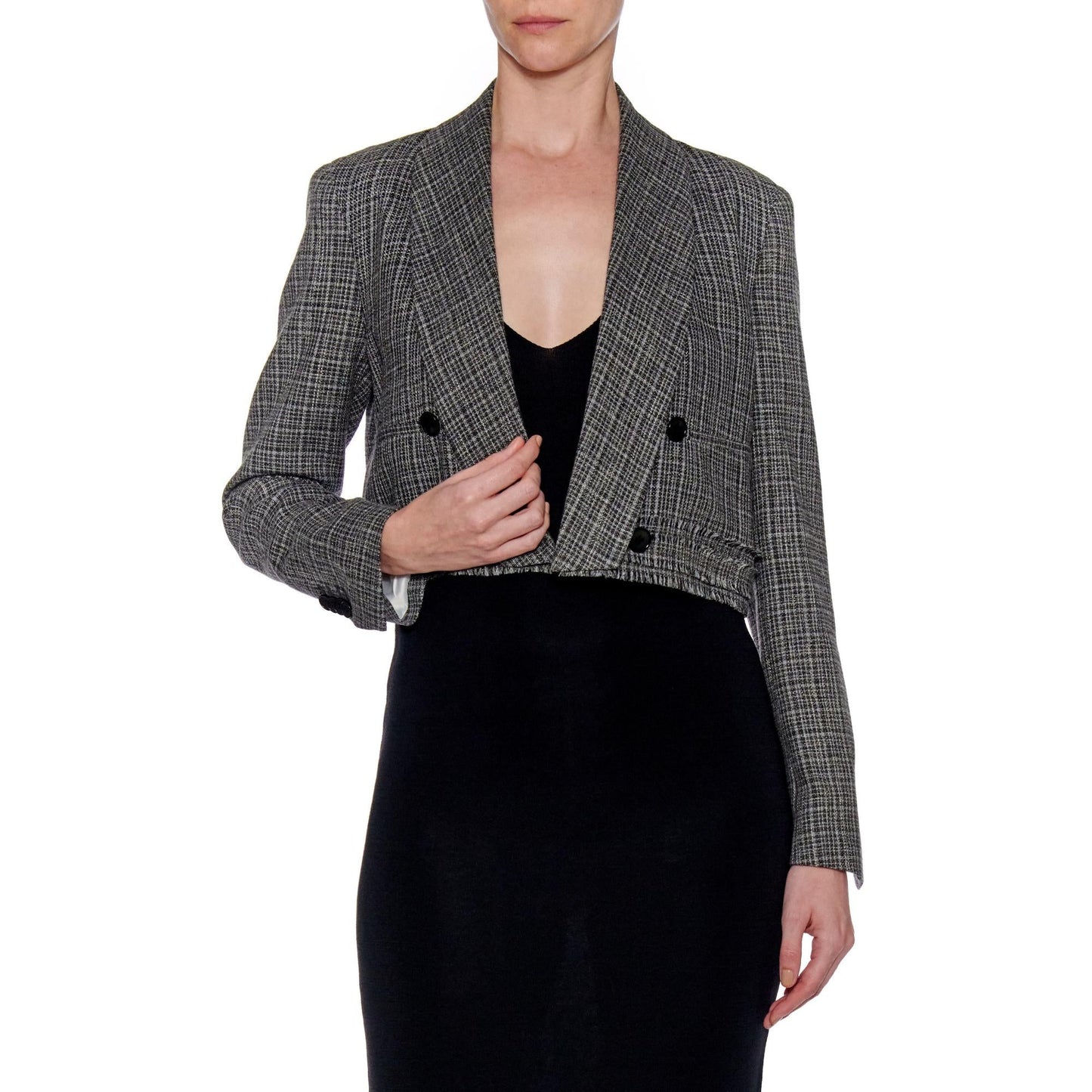 Women Murcia Jacket - Shawl Collar Cropped Jacket in Tweed - Black white