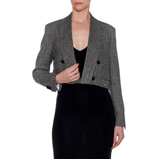 Women Murcia Jacket - Shawl Collar Cropped Jacket in Tweed - Black white