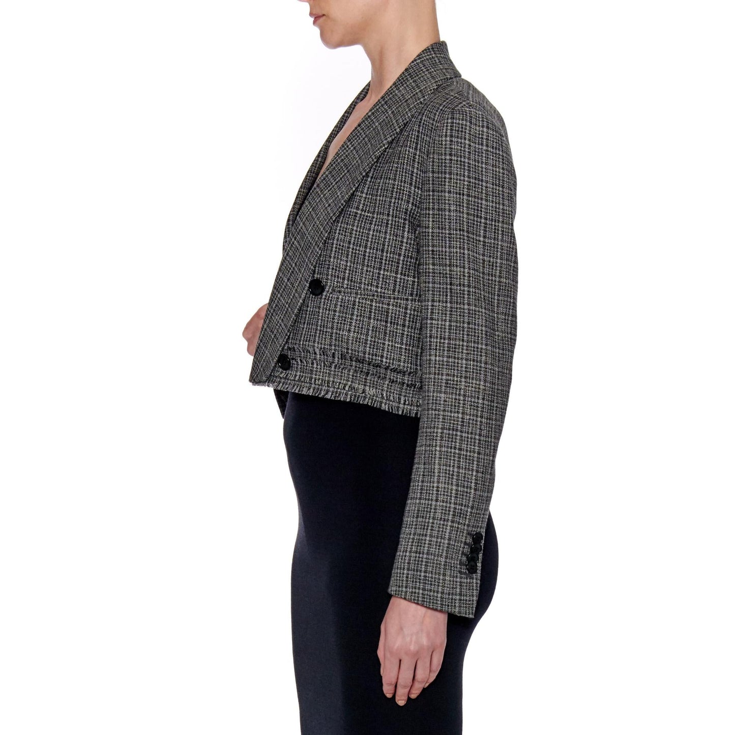 Women Murcia Jacket - Shawl Collar Cropped Jacket in Tweed - Black white
