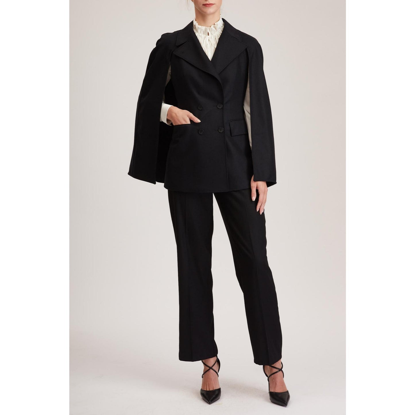 Women Devon Jacket - Double Breasted, Sleeveless Jacket /Cape - Black