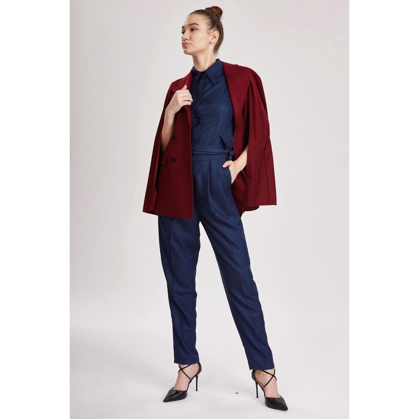 Women Devon Jacket - Double Breasted, Sleeveless Jacket /Cape in Red Wine Wool
