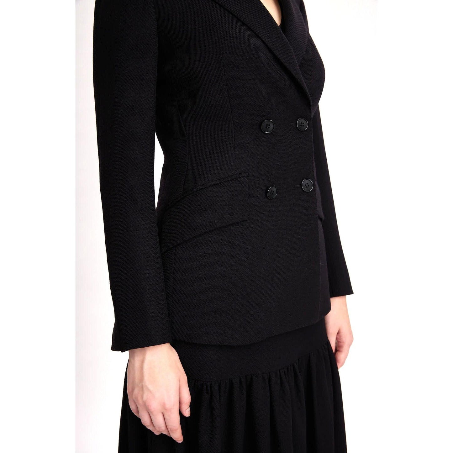 Women Norwich Jacket - Double Breasted Slim Fit Suit Jacket in Black Textured Wool