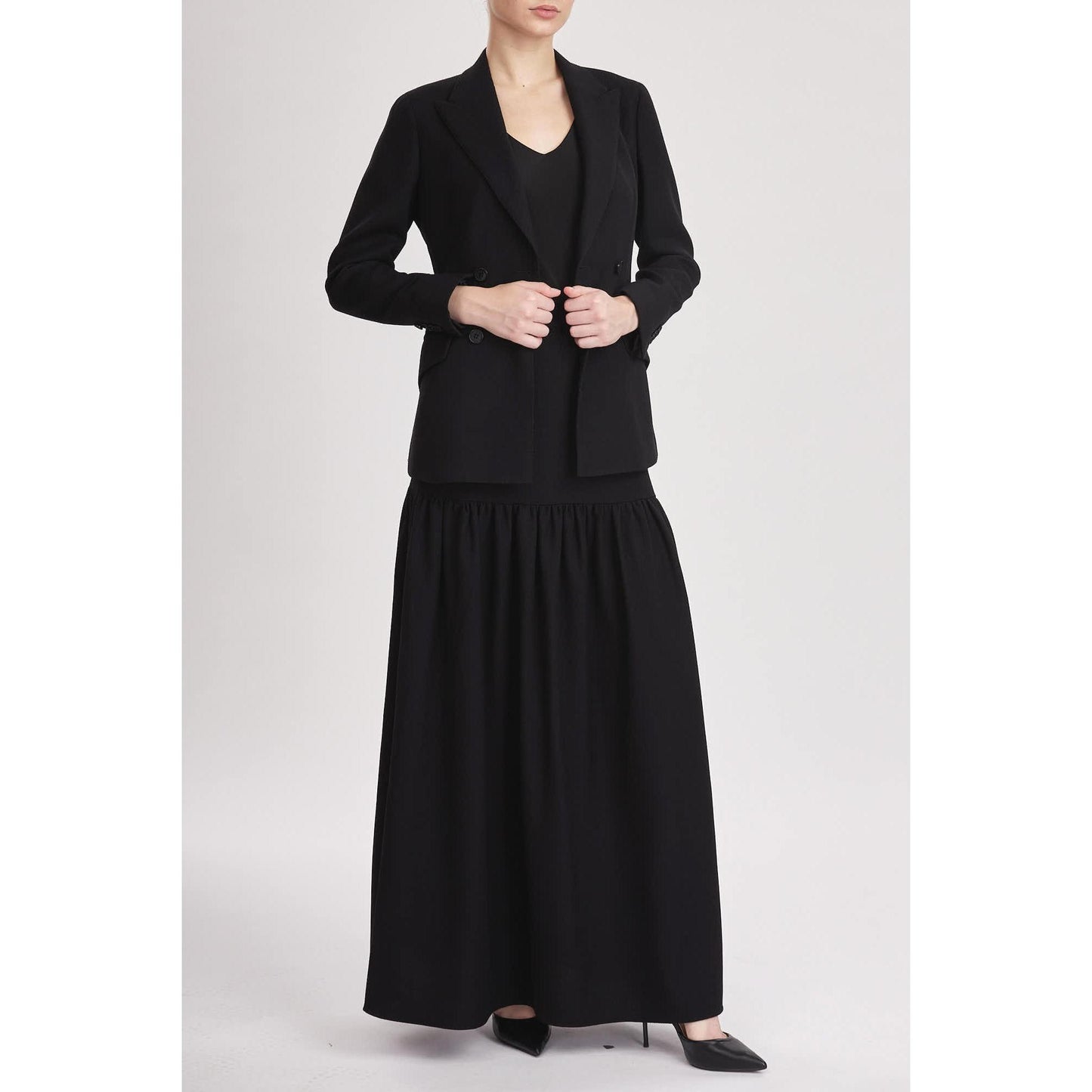 Women Norwich Jacket - Double Breasted Slim Fit Suit Jacket in Black Textured Wool