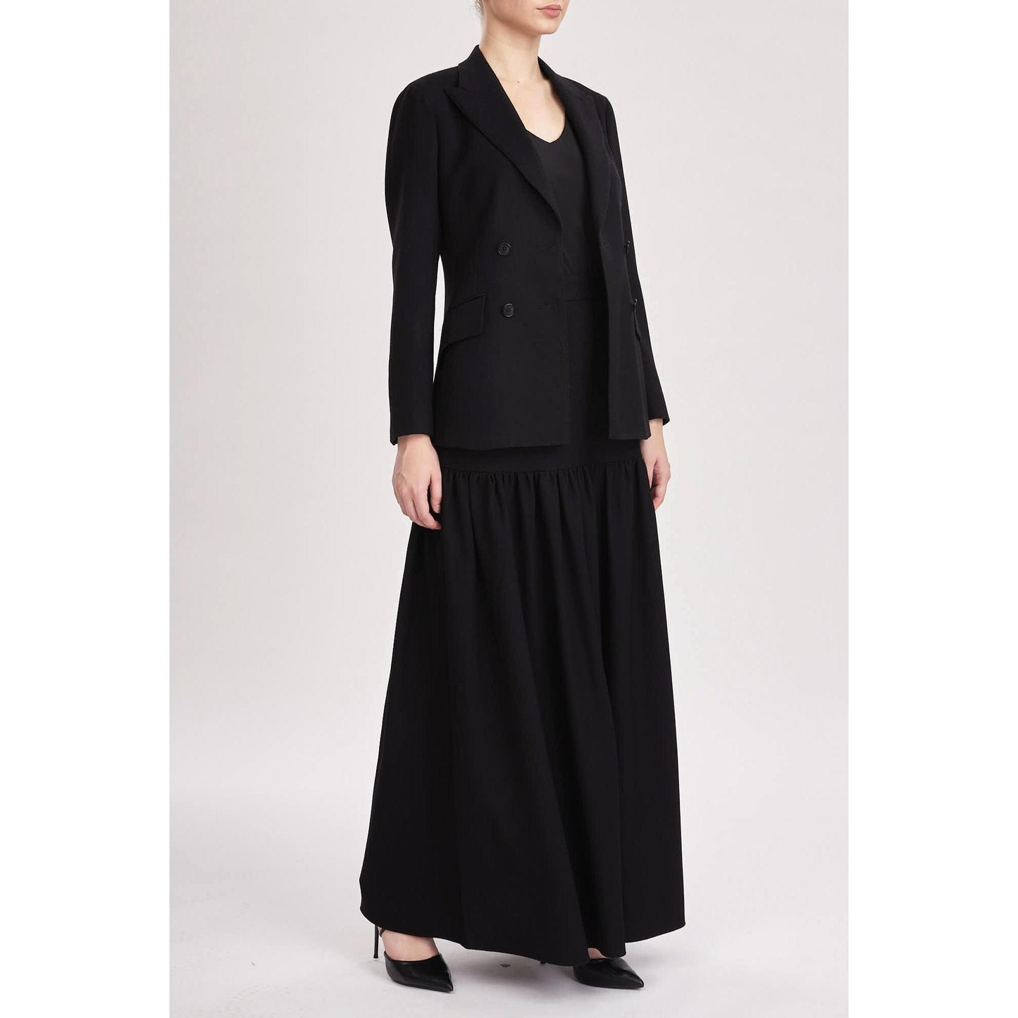 Women Norwich Jacket - Double Breasted Slim Fit Suit Jacket in Black Textured Wool
