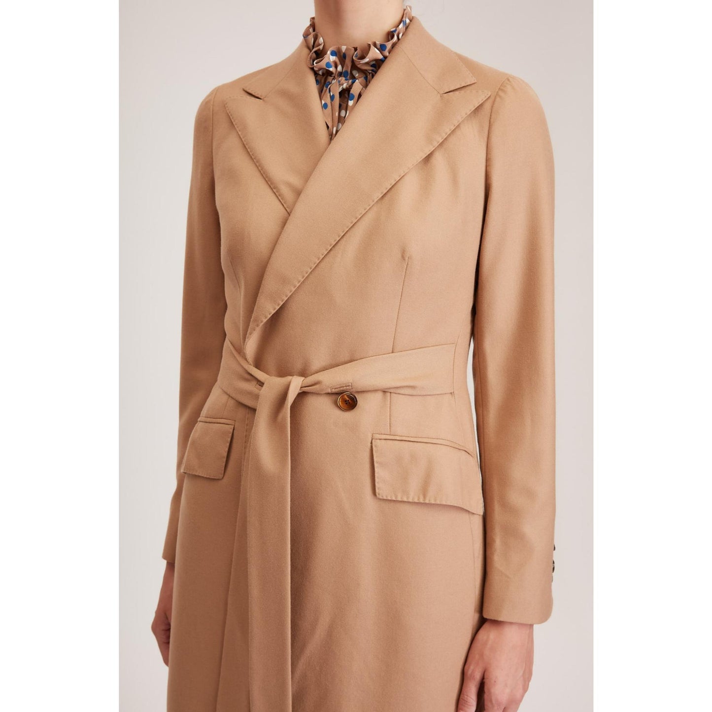 Women Darlington Jacket - Double Breasted Long Suit Jacket in Pure Beige Wool
