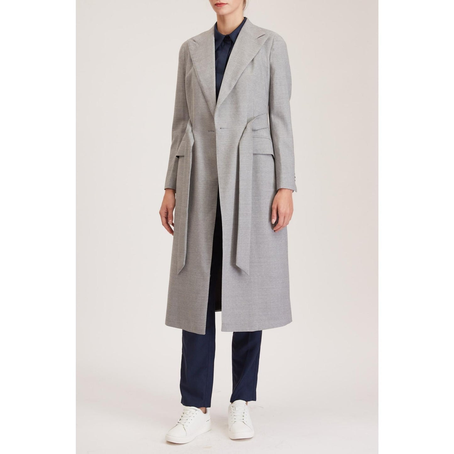 Women Darlington Jacket - Double Breasted Long Jacket in Light Grey Pure Wool