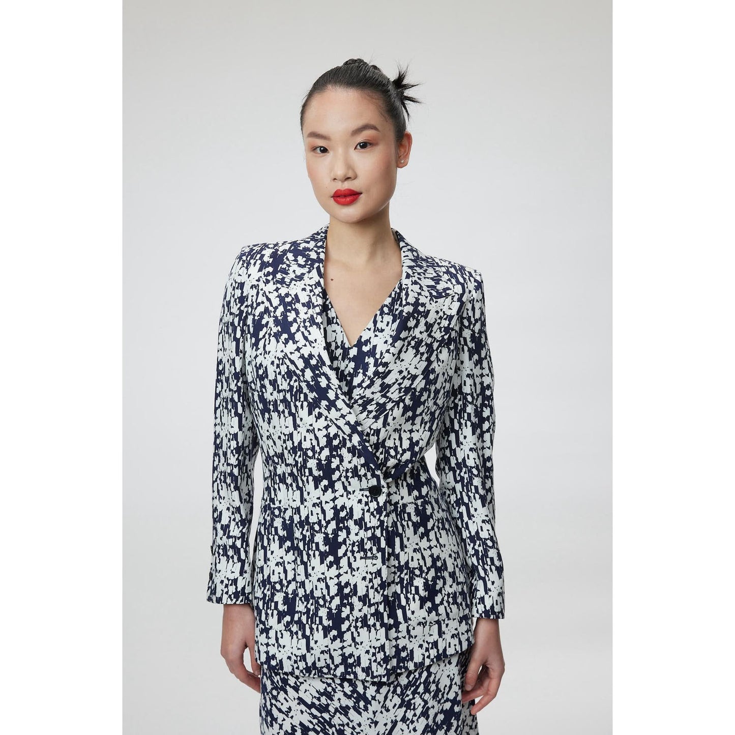 Women Alessandria Jacket - Classic Double Breasted Suit Jacket in Floral Navy Print