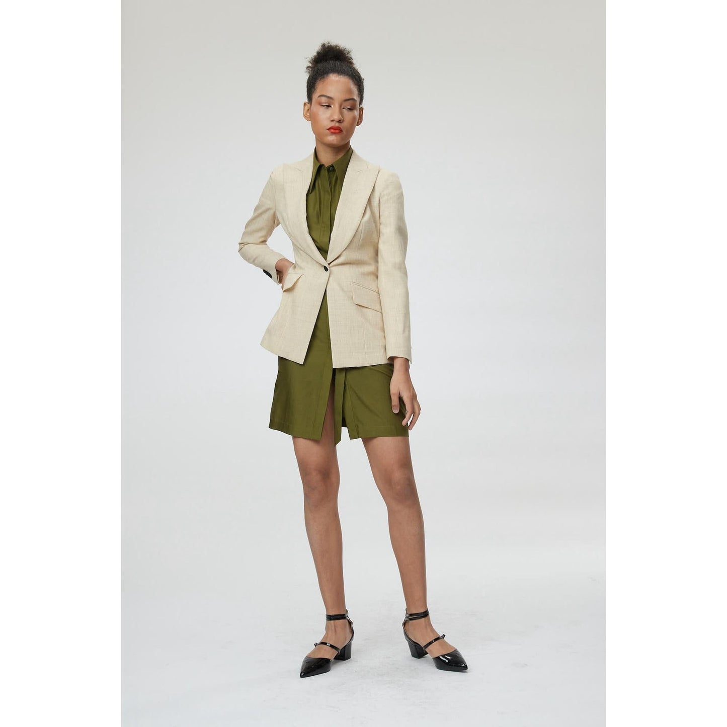 Women Montpellier Jacket - Slim Fit One Button Belted Suit Jacket in Sand - Beige