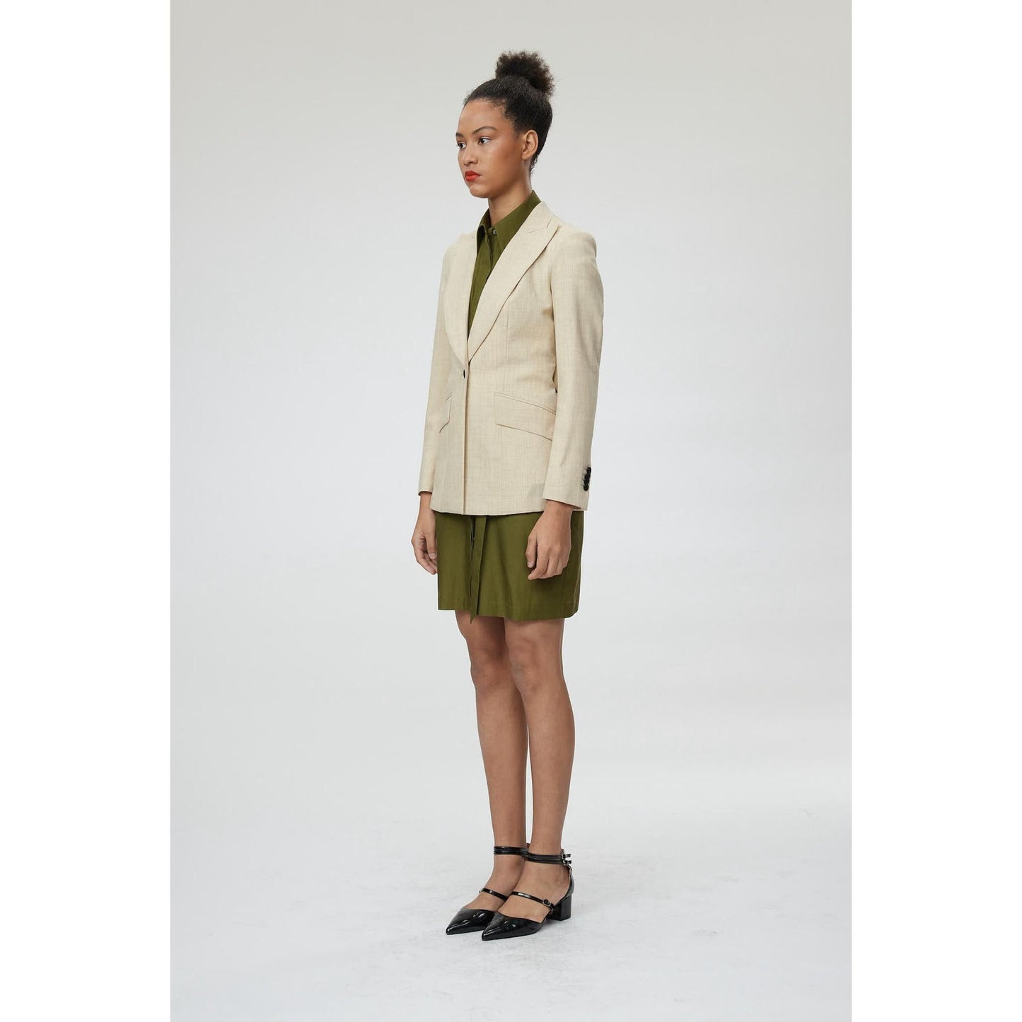 Women Montpellier Jacket - Slim Fit One Button Belted Suit Jacket in Sand - Beige