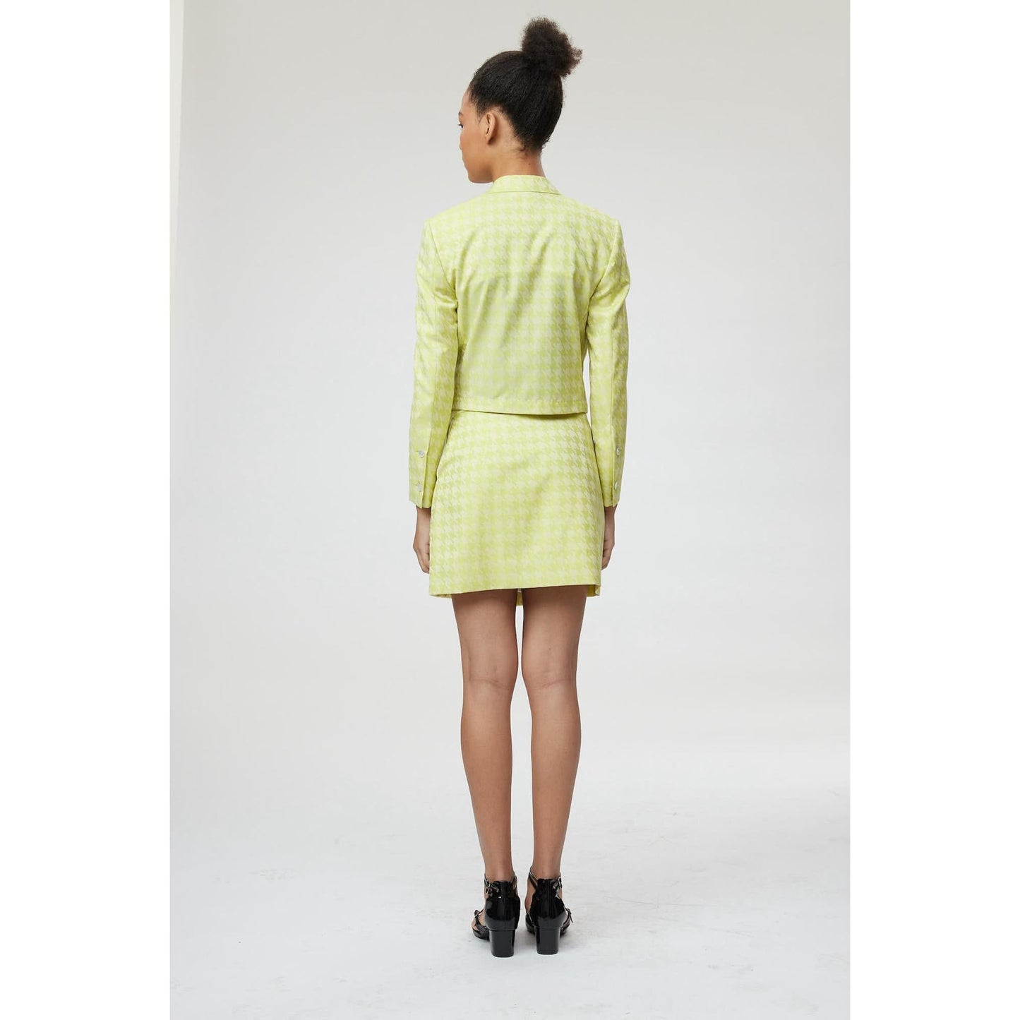 Women Verona Jacket - Cropped Jacket in Lime Green Dogtooth Jacquard
