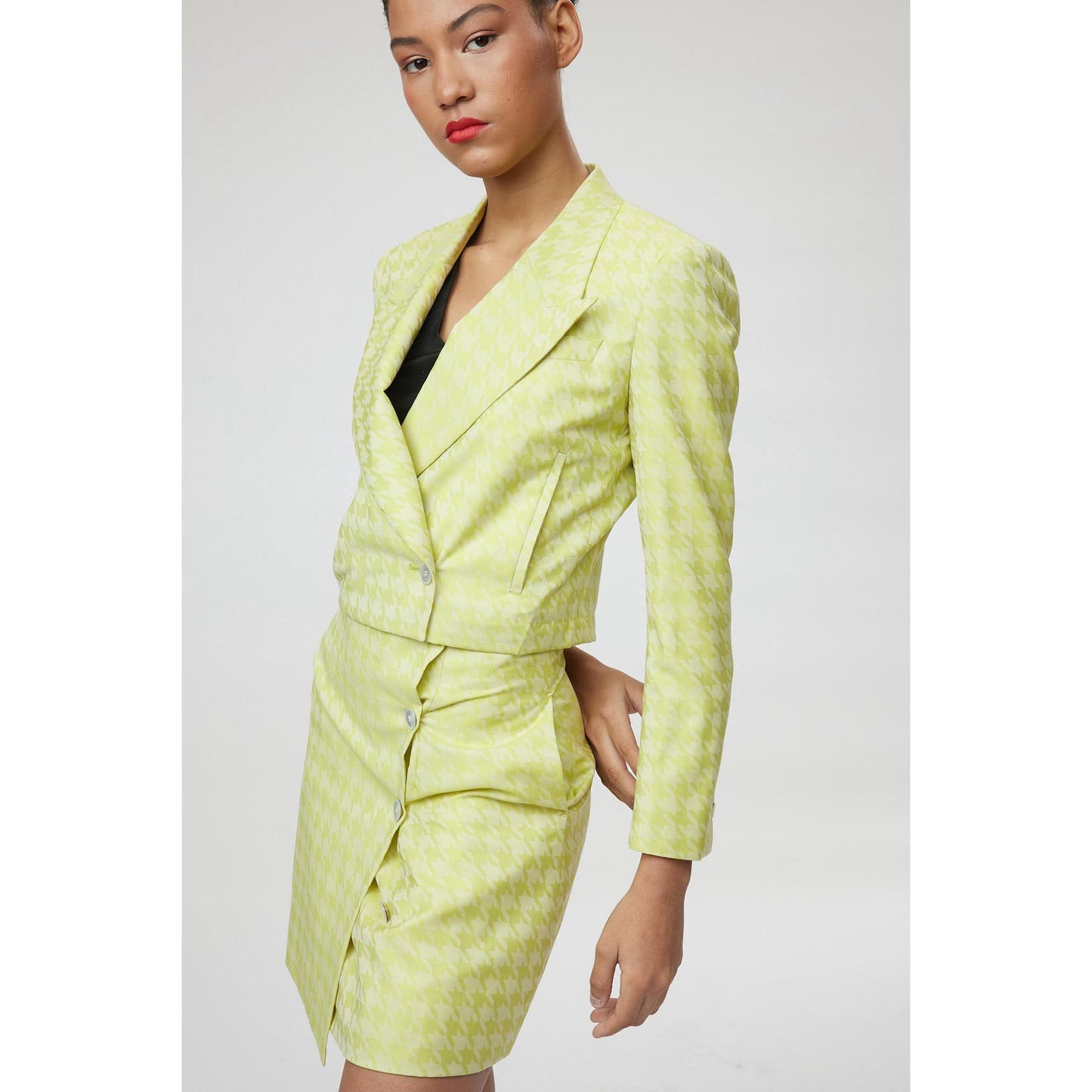 Women Verona Jacket - Cropped Jacket in Lime Green Dogtooth Jacquard