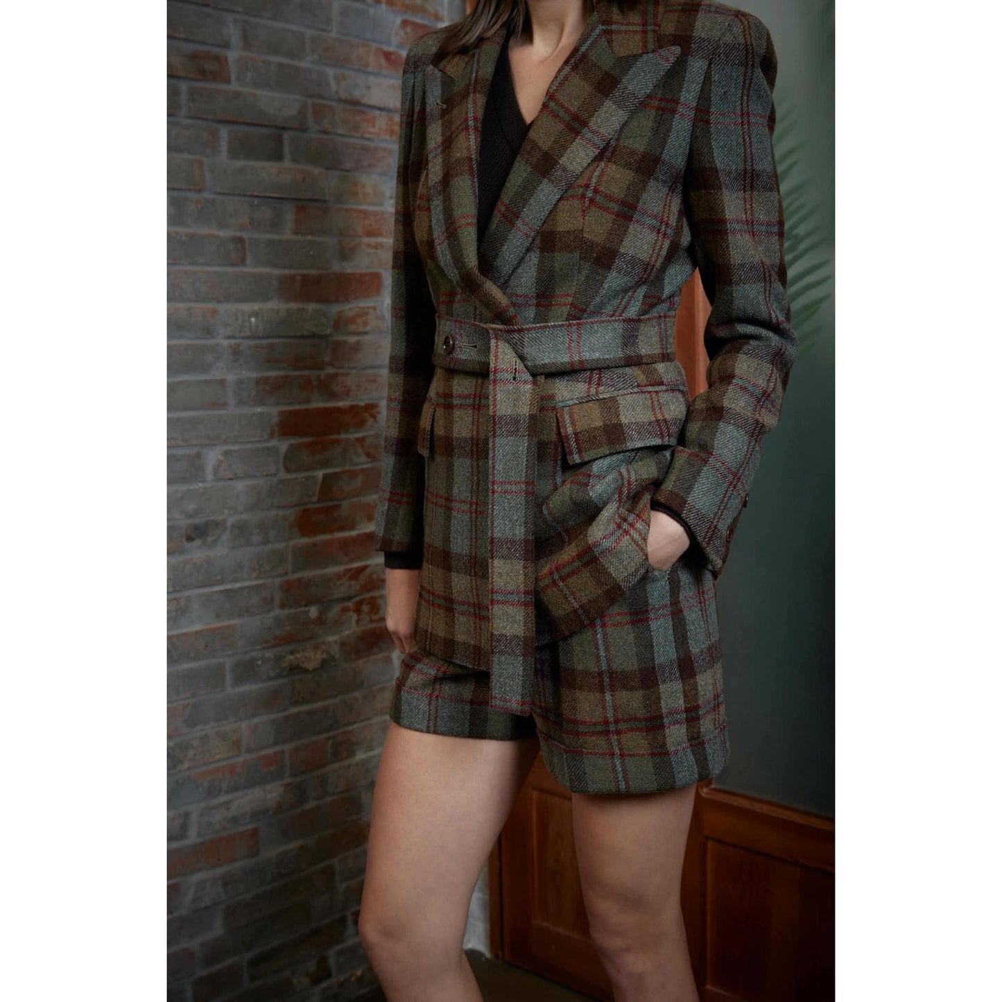 Women Almada Jacket - Double Breasted Tartan Jacket - Leaf Brown