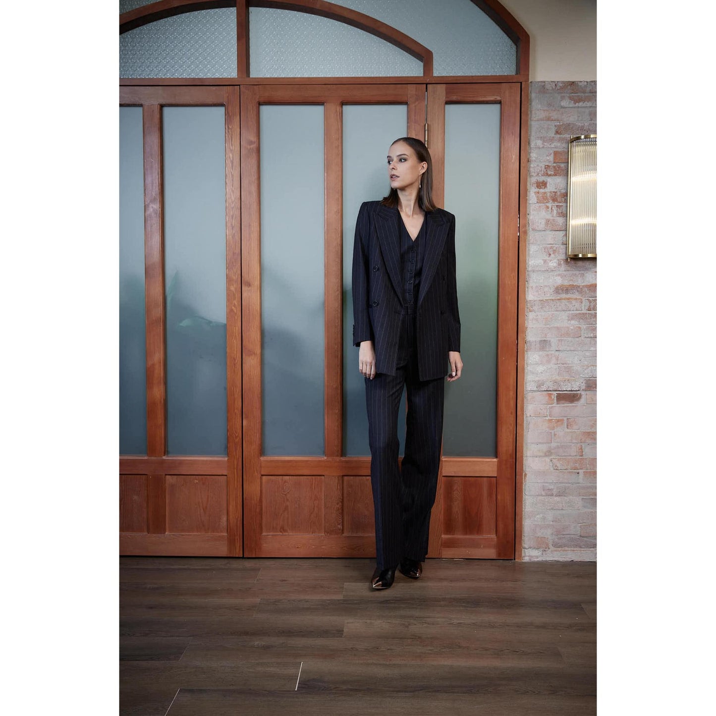 Women Amarante Jacket - Double Breasted Jacket in Pinstripe - Charcoal Grey