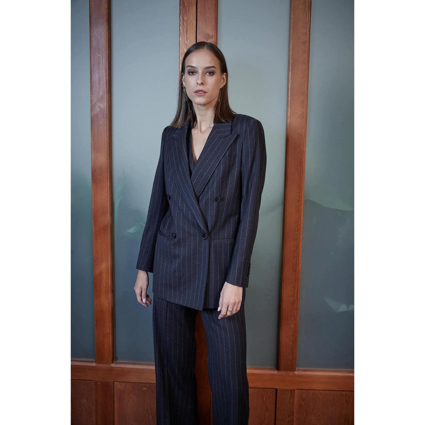 Women Amarante Jacket - Double Breasted Jacket in Pinstripe - Charcoal Grey