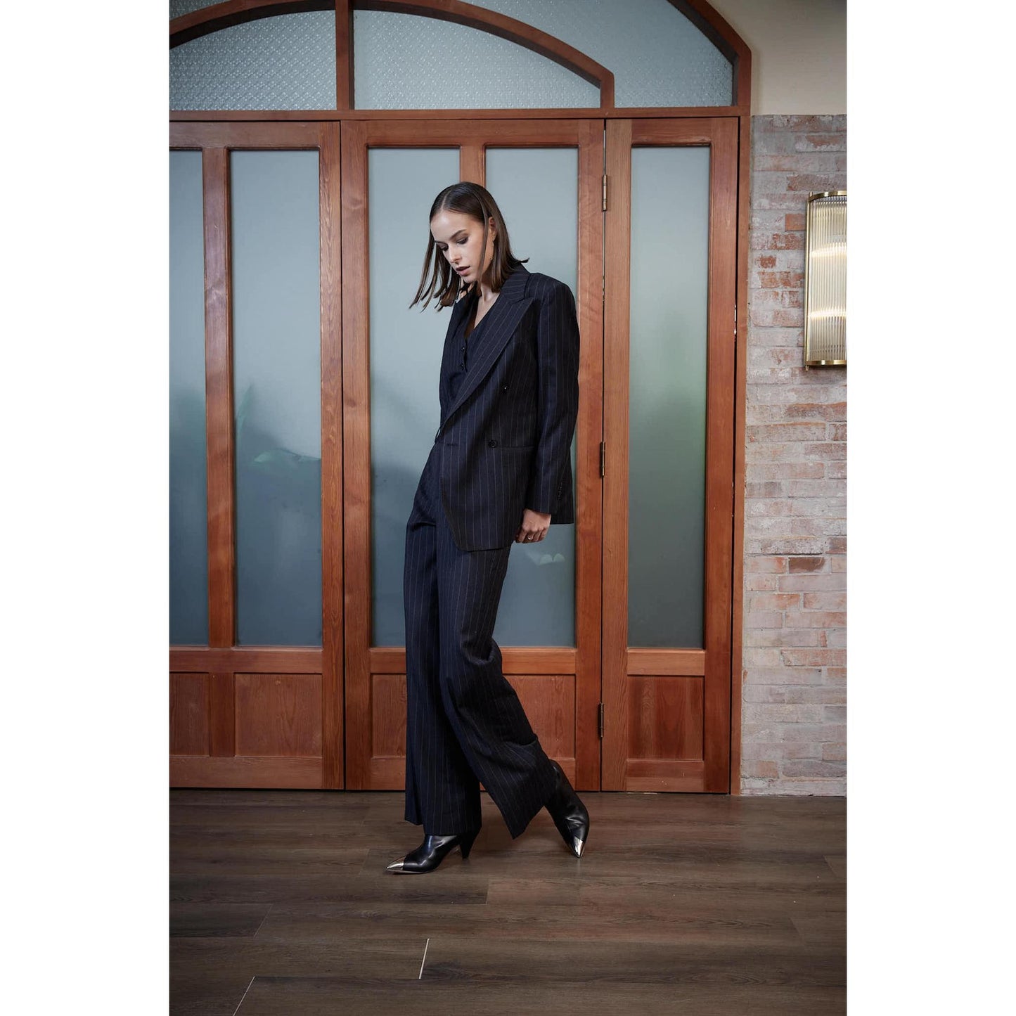 Women Amarante Jacket - Double Breasted Jacket in Pinstripe - Charcoal Grey