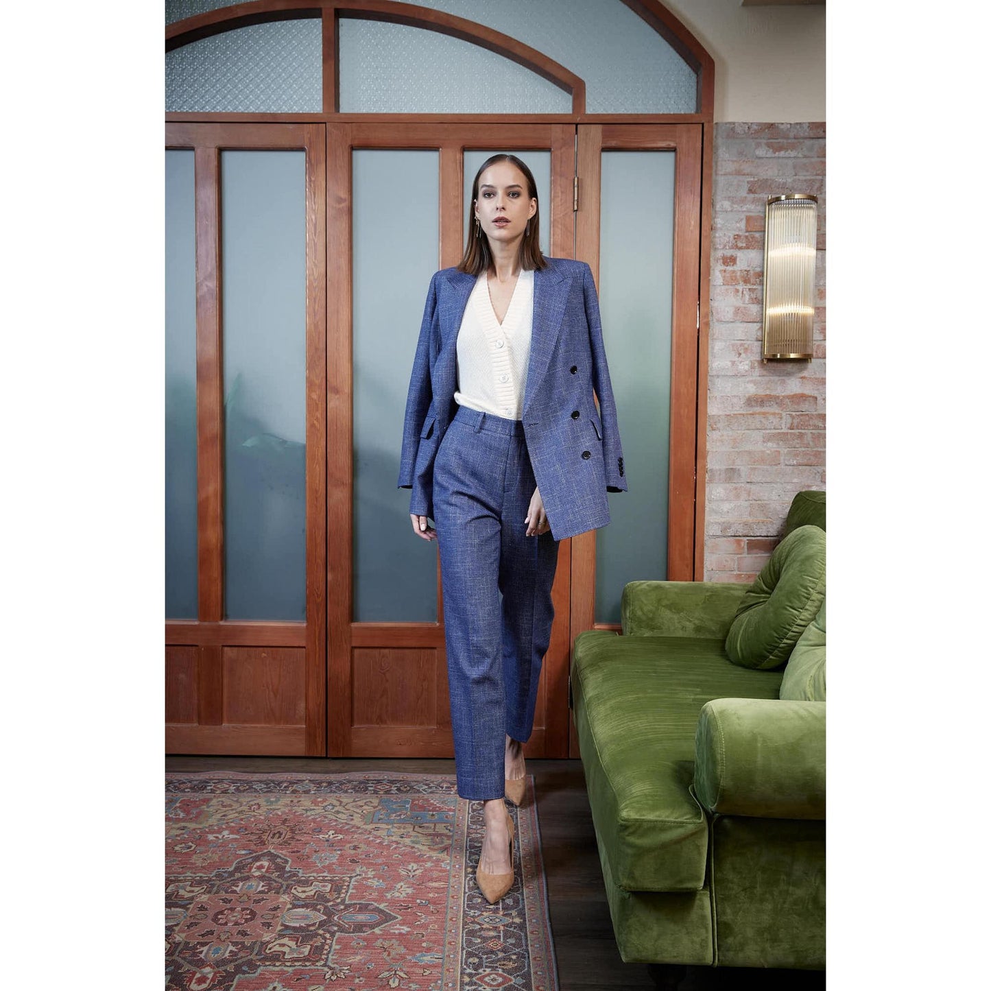Women Bristol Jacket - Double Breasted Jacket Mini Check - Liberty Blue