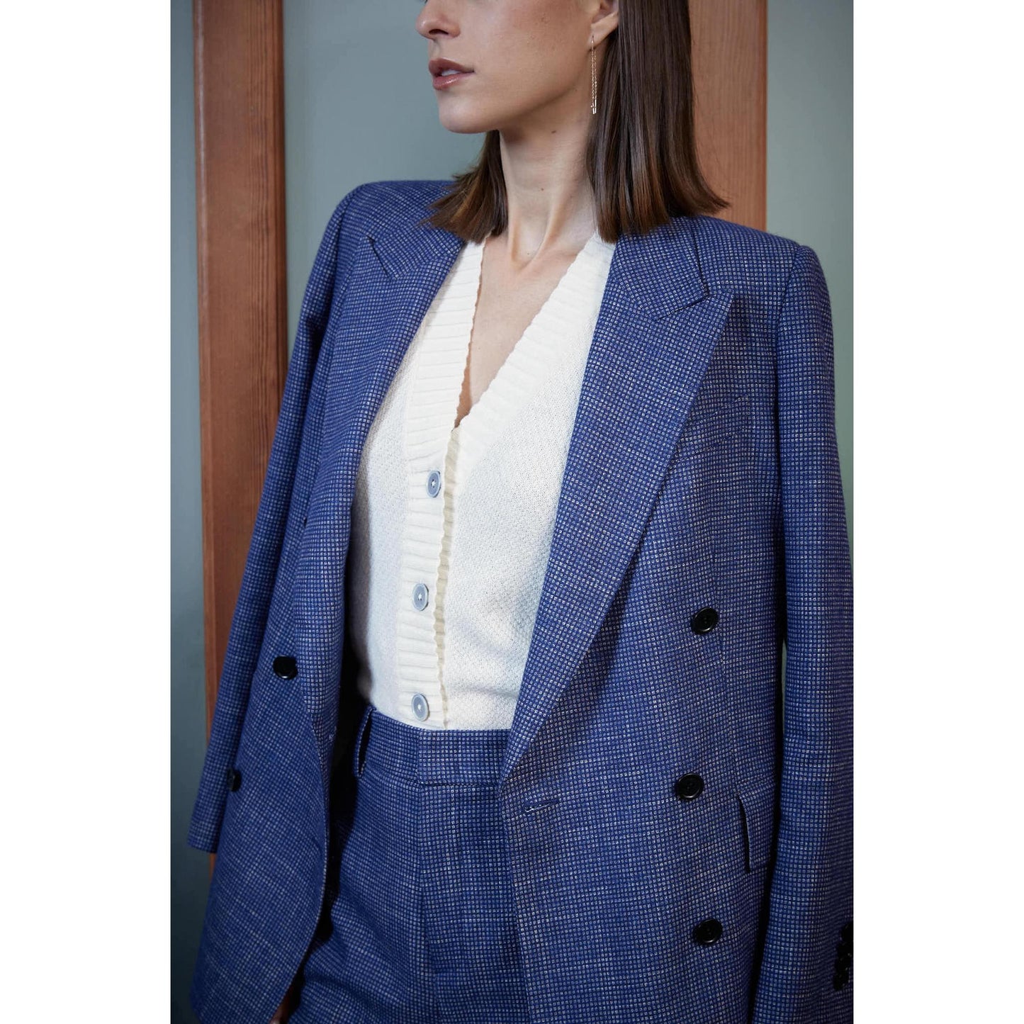 Women Bristol Jacket - Double Breasted Jacket Mini Check - Liberty Blue