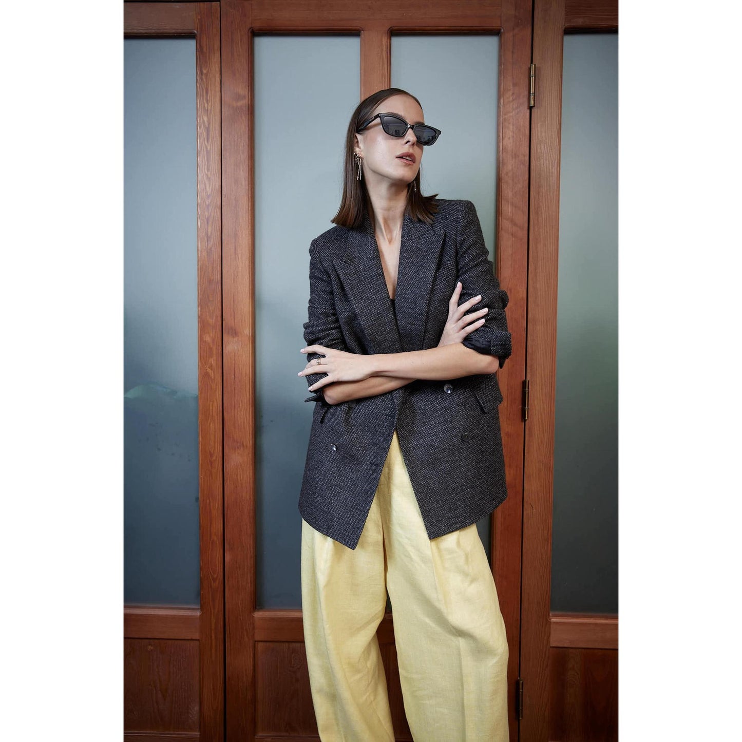 Women Bristol Jacket - Double Breasted Jacket in Bird'S-Eye - Two tone Charcoal