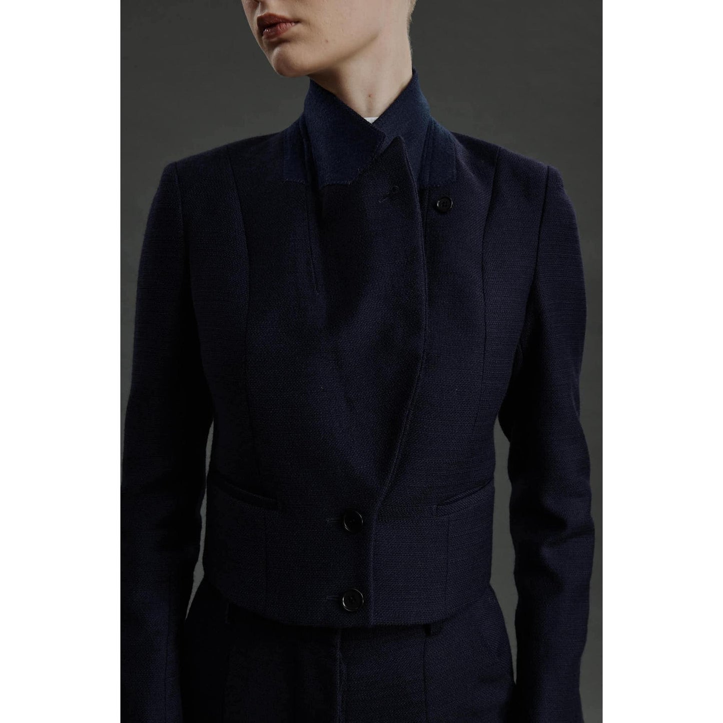 Women Barreiro Jacket - Short Jacket in Midnight Blue Basketweave Wool