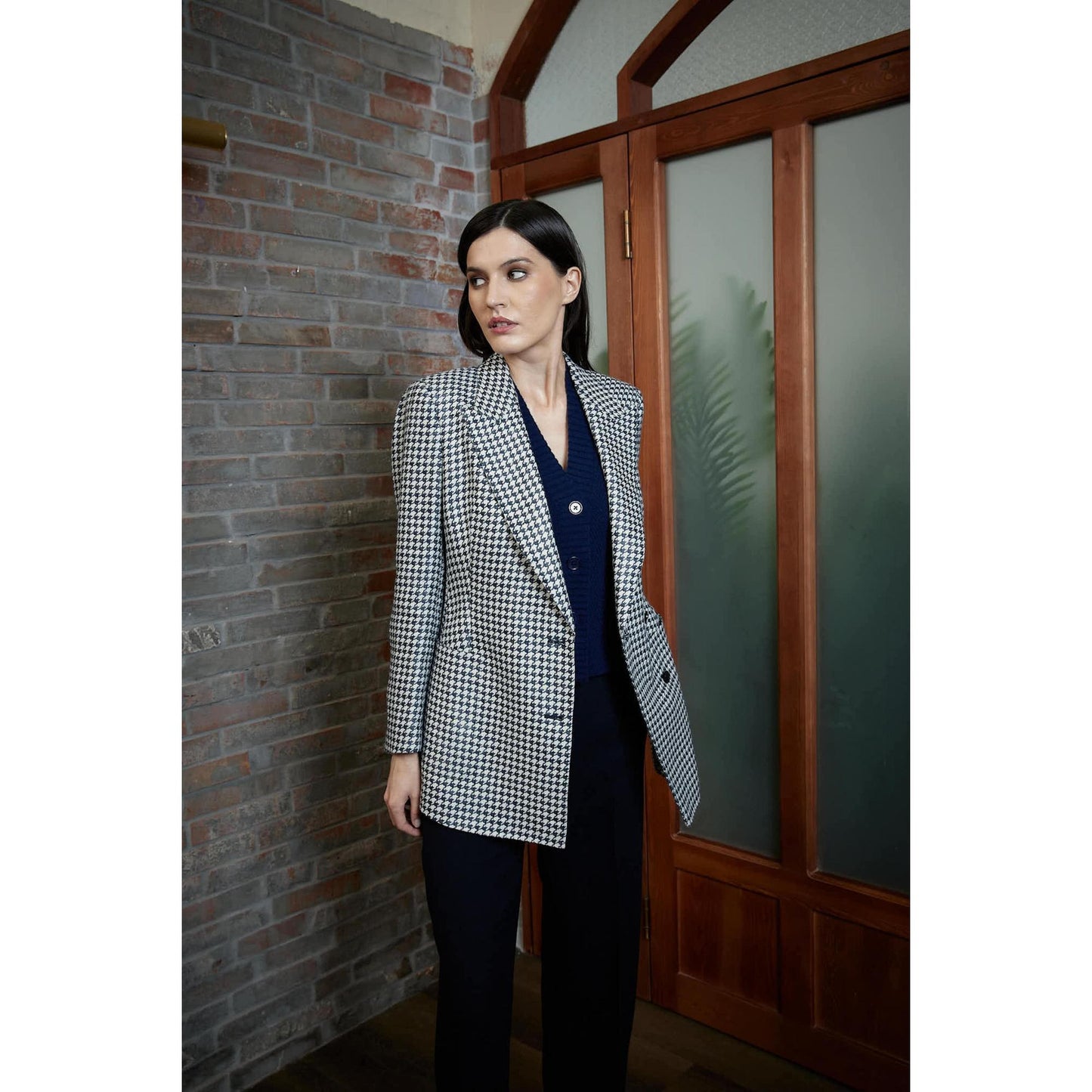 Women Alessandria Jacket - Double Breasted Jacket in Dogtooth - Navy
