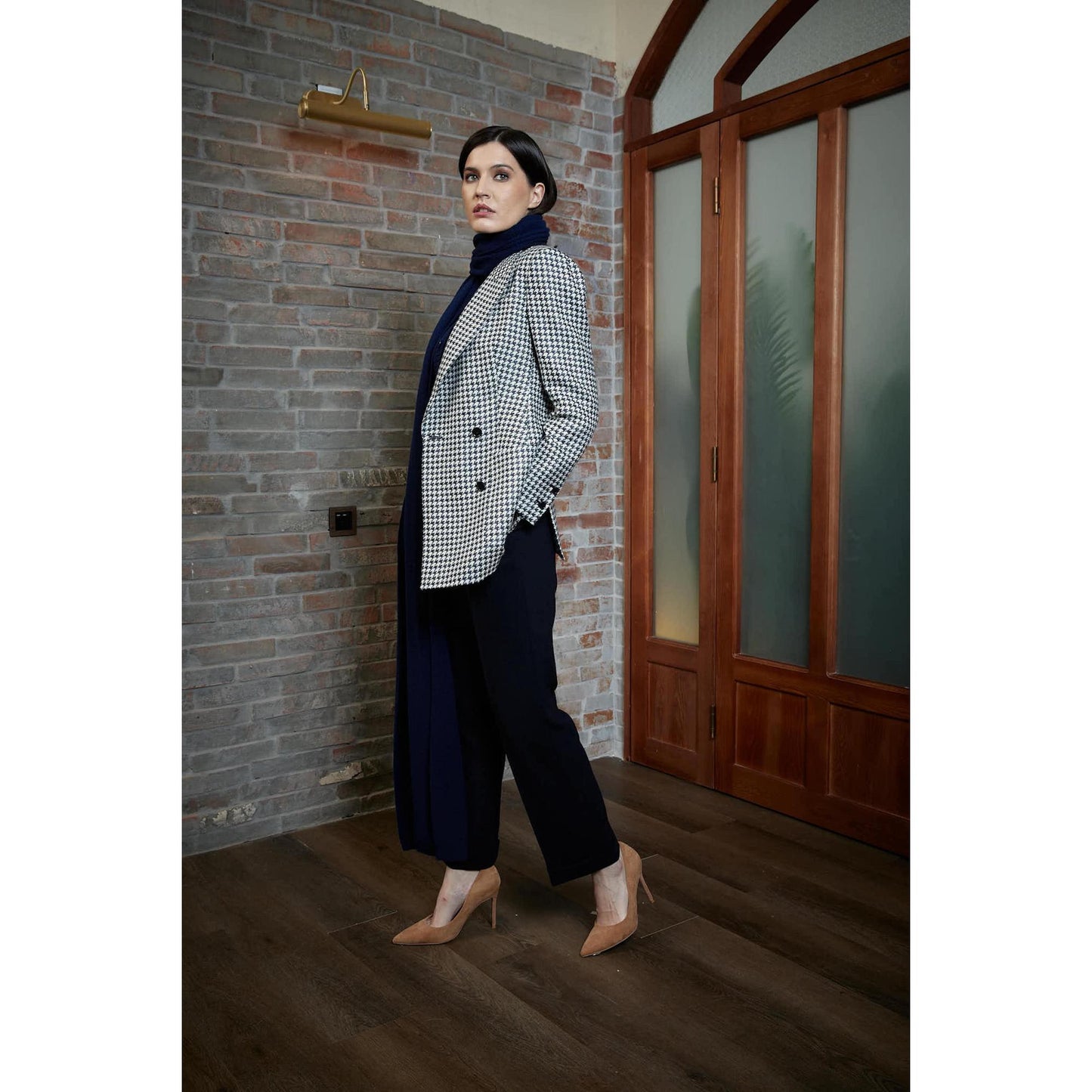 Women Alessandria Jacket - Double Breasted Jacket in Dogtooth - Navy