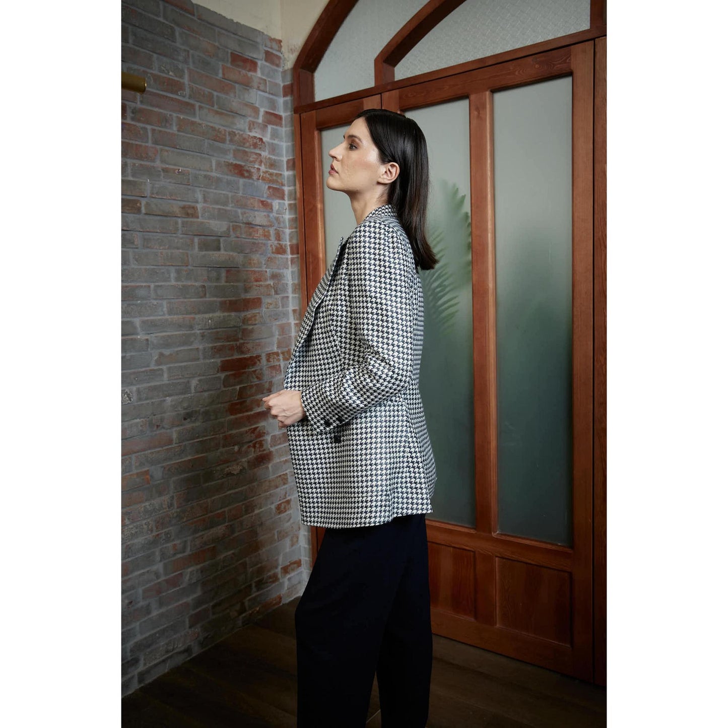 Women Alessandria Jacket - Double Breasted Jacket in Dogtooth - Navy