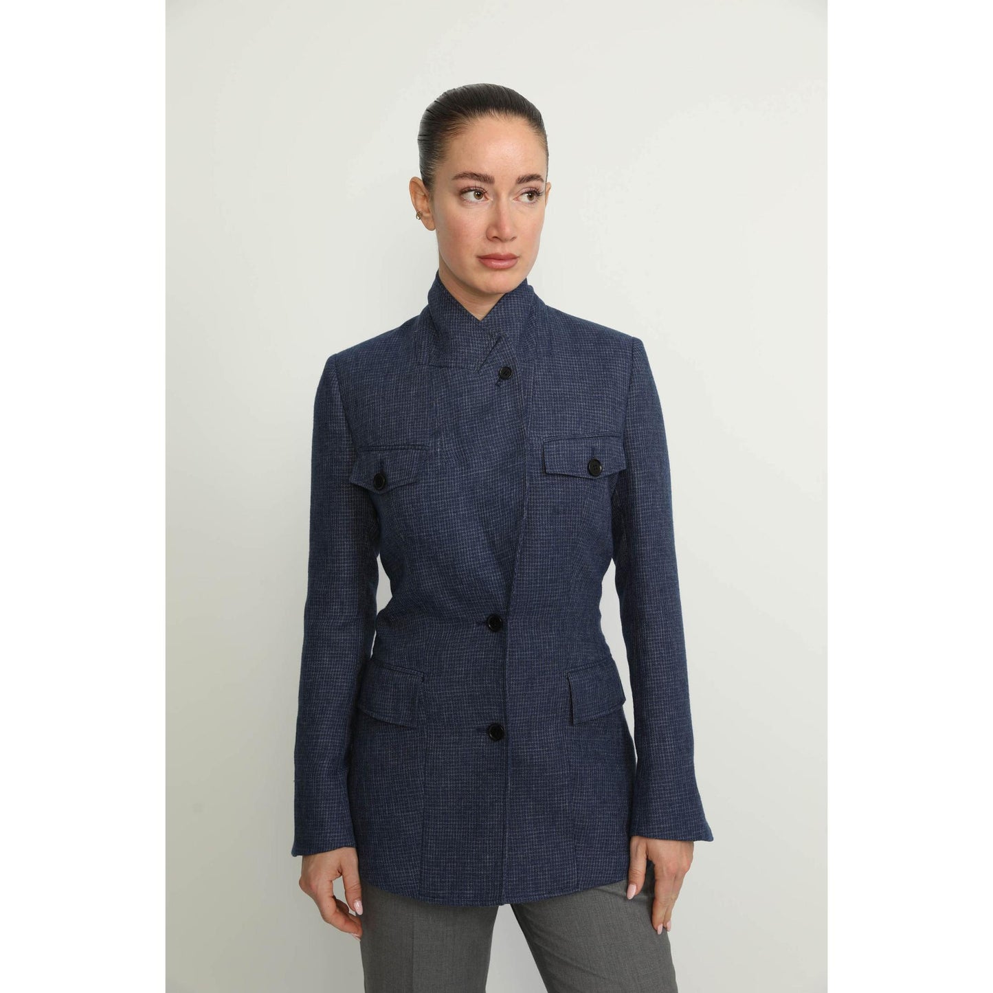 Women Cologny Jacket - Cologny Denim Blue Check Casual Jacket