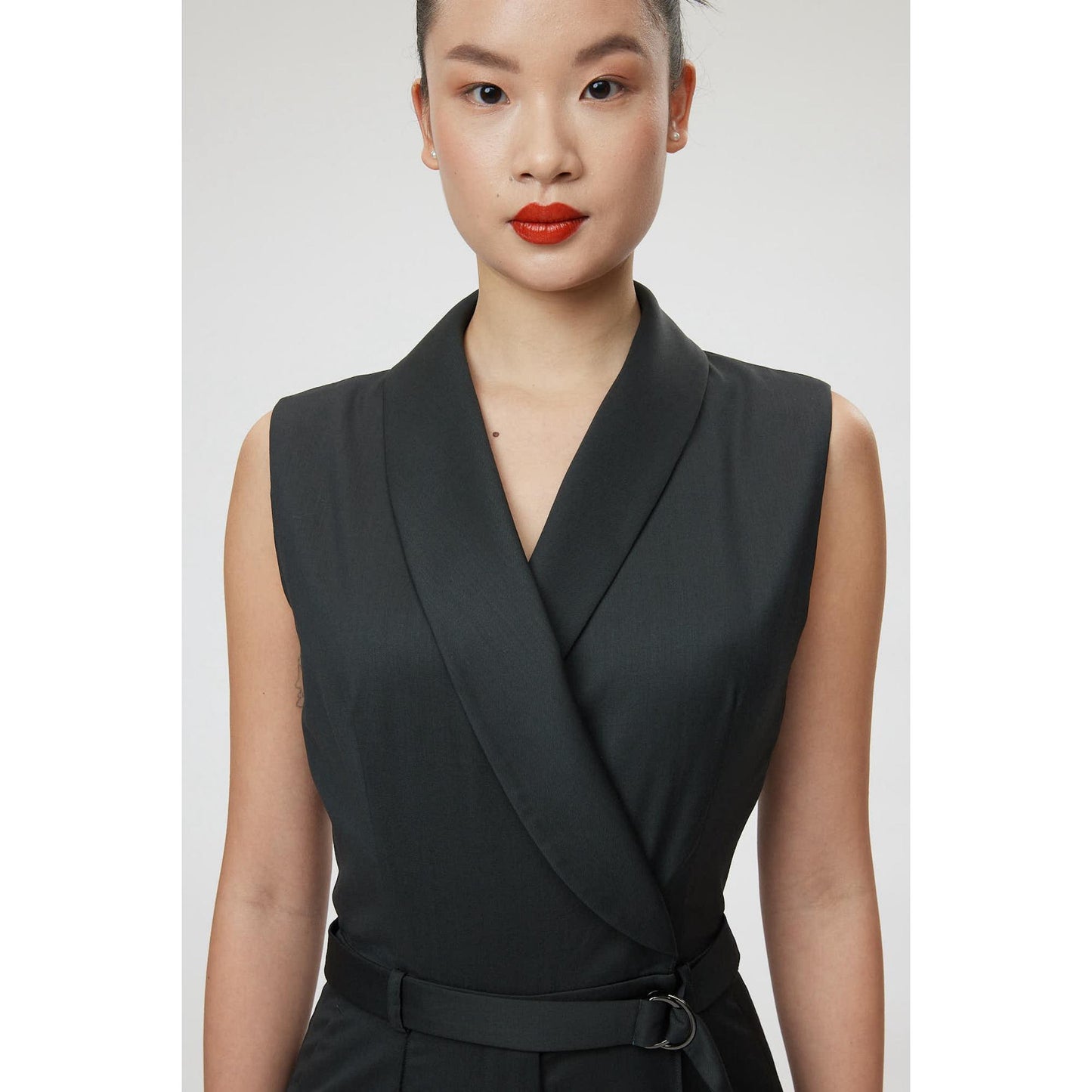 Women Bergamo Jumpsuit - Shawl Collar Jumpsuit in Charcoal Black
