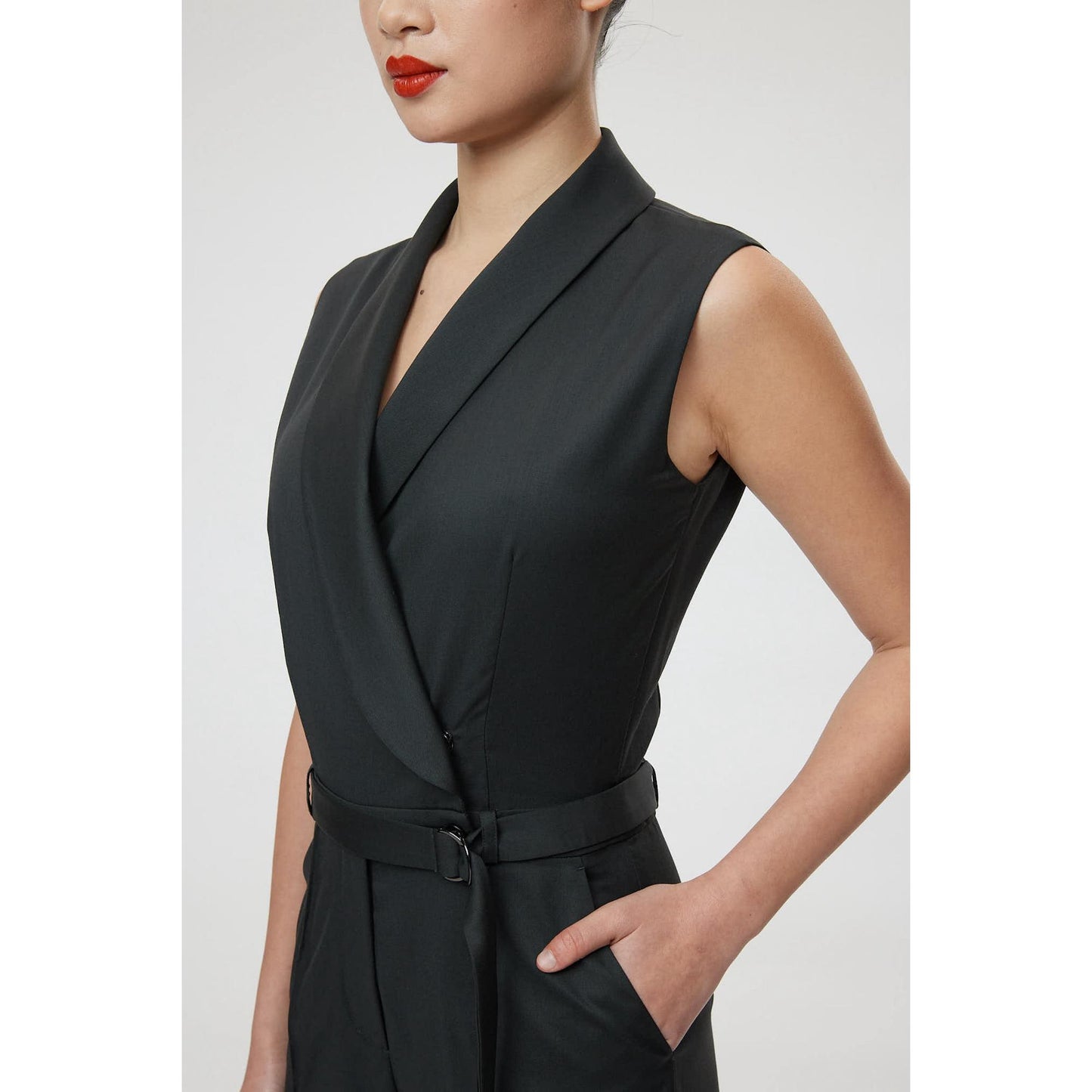 Women Bergamo Jumpsuit - Shawl Collar Jumpsuit in Charcoal Black