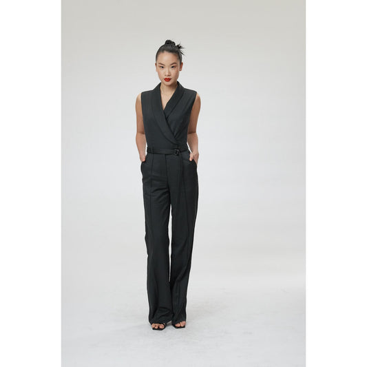 Women Bergamo Jumpsuit - Shawl Collar Jumpsuit in Charcoal Black