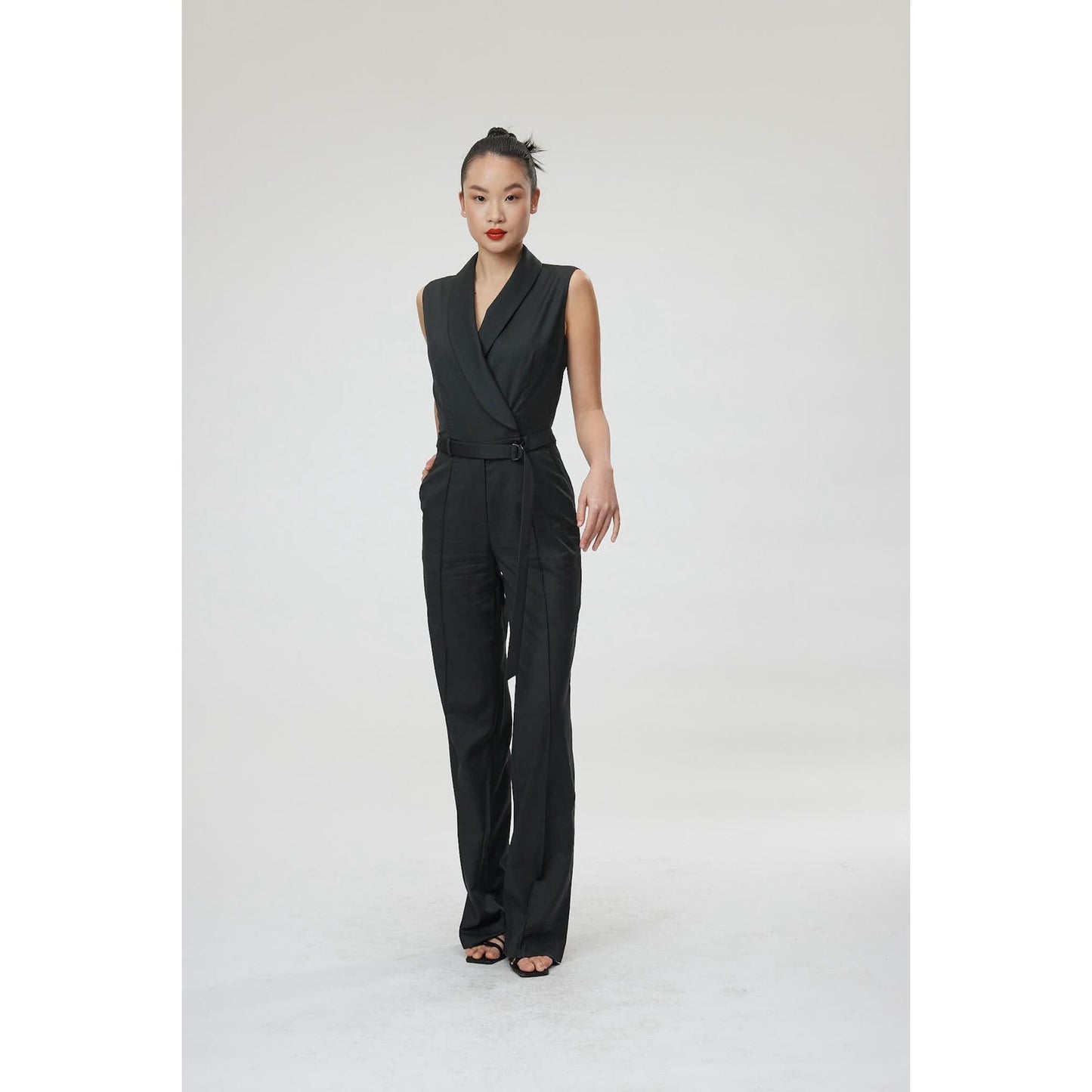 Women Bergamo Jumpsuit - Shawl Collar Jumpsuit in Charcoal Black