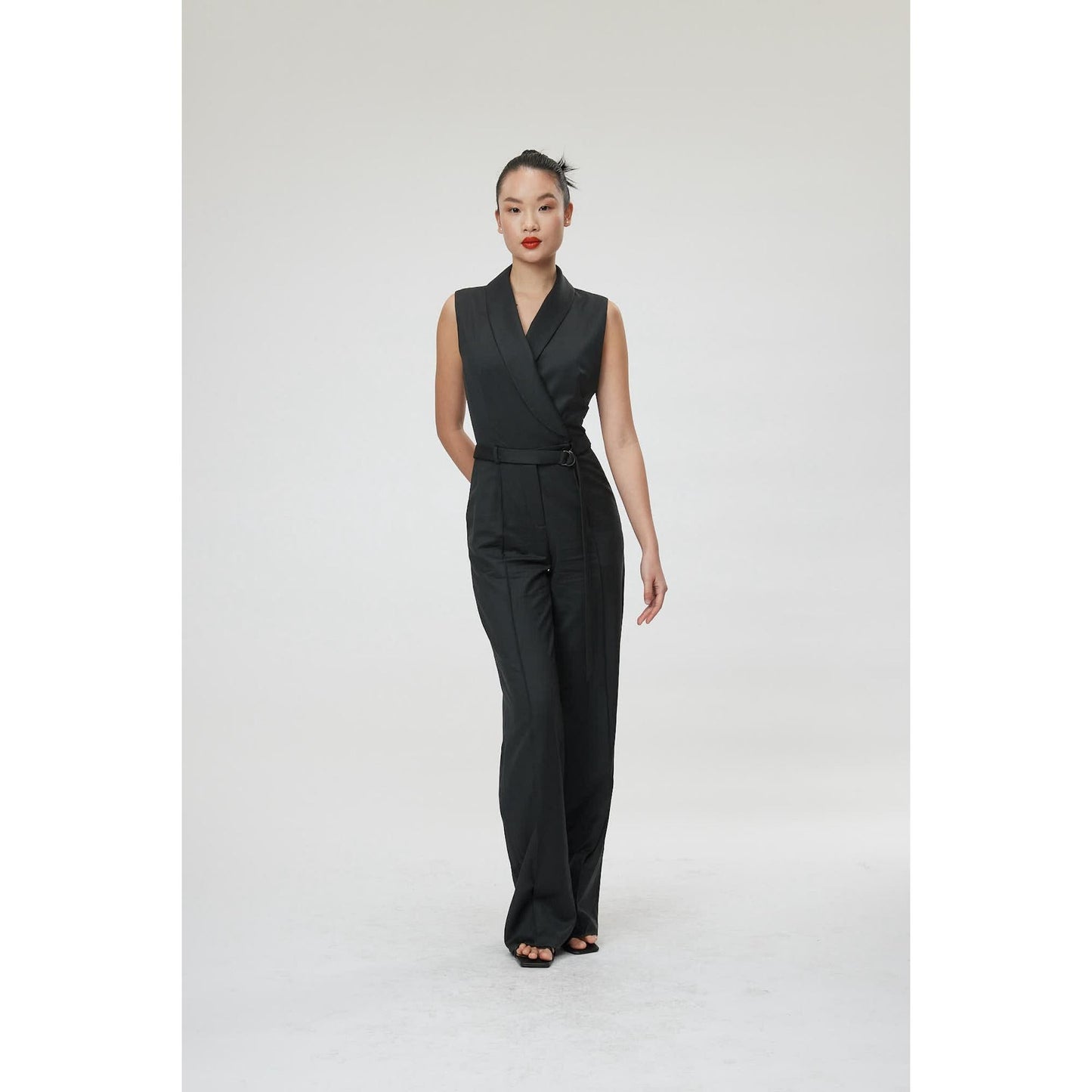 Women Bergamo Jumpsuit - Shawl Collar Jumpsuit in Charcoal Black