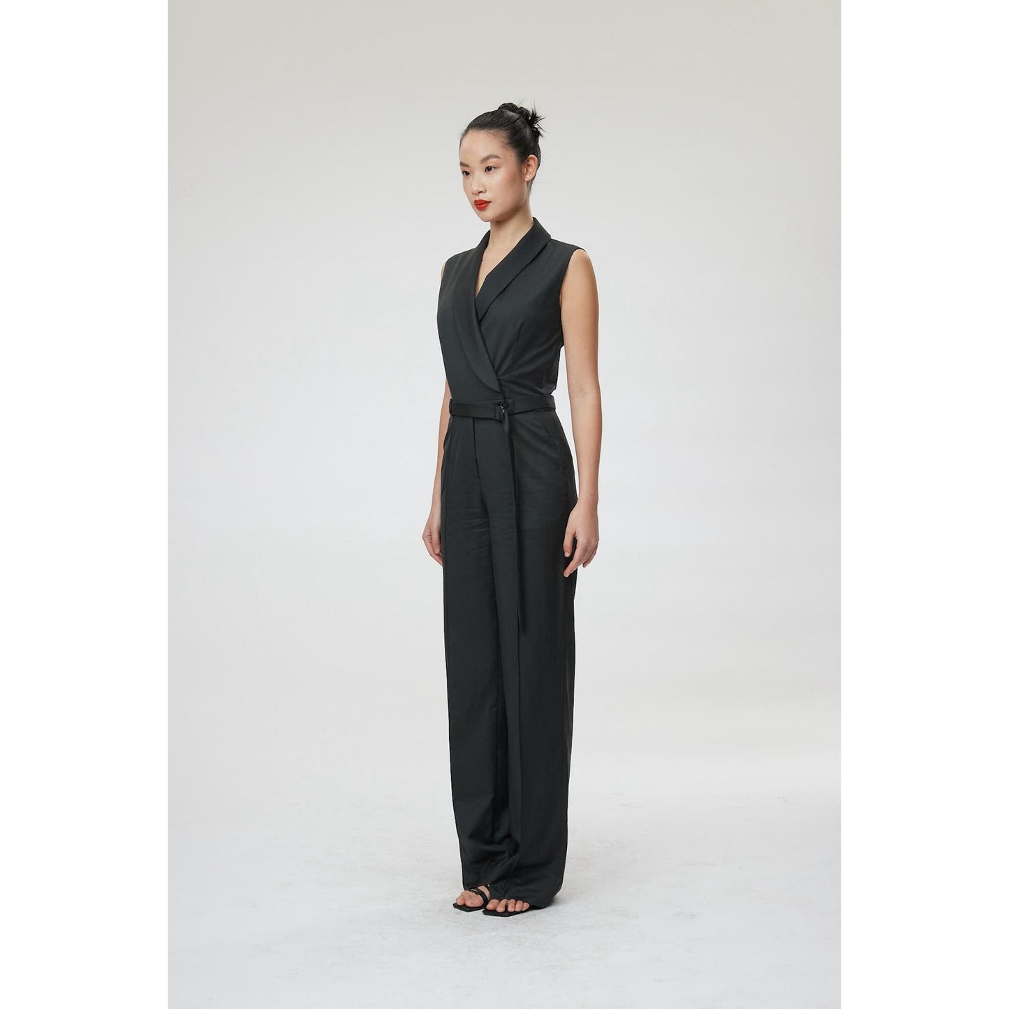 Women Bergamo Jumpsuit - Shawl Collar Jumpsuit in Charcoal Black