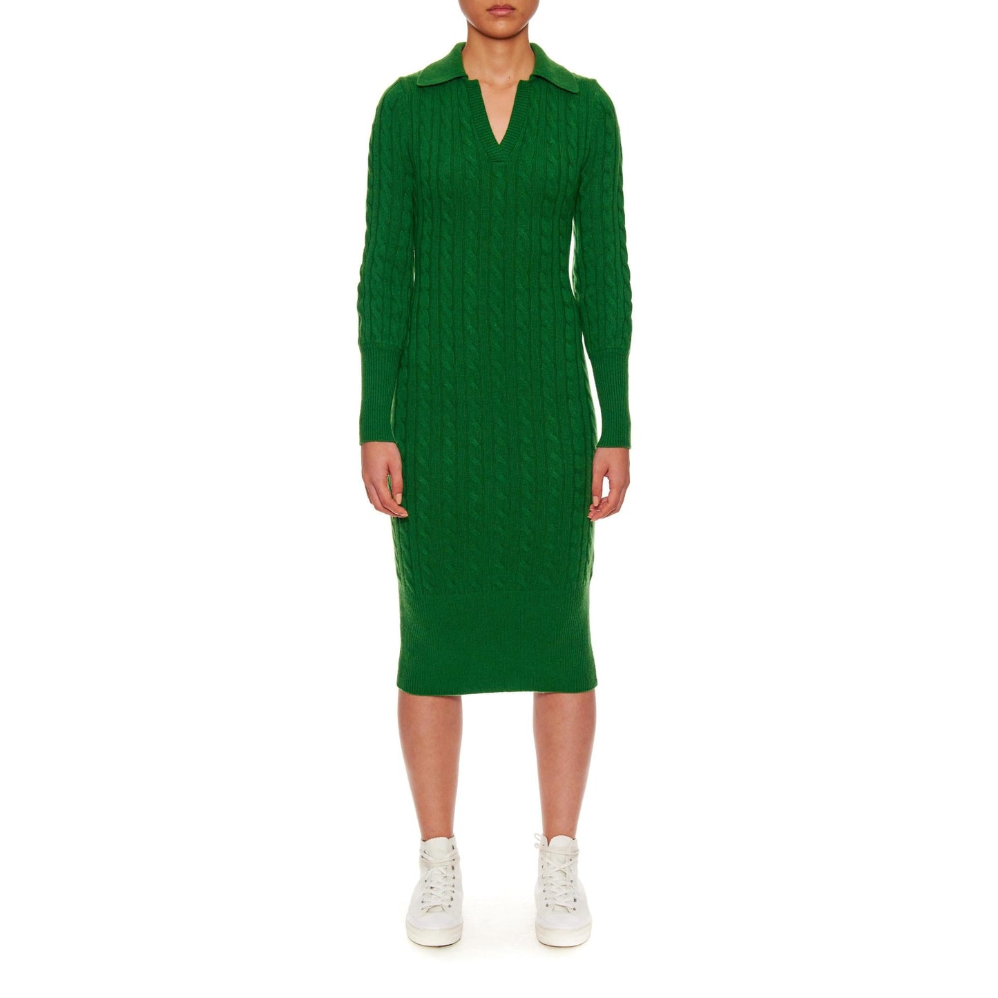 Women Colmar Dress - Slim Fit Cable Knit Dress in Luxurious Cashmere Wool - Green