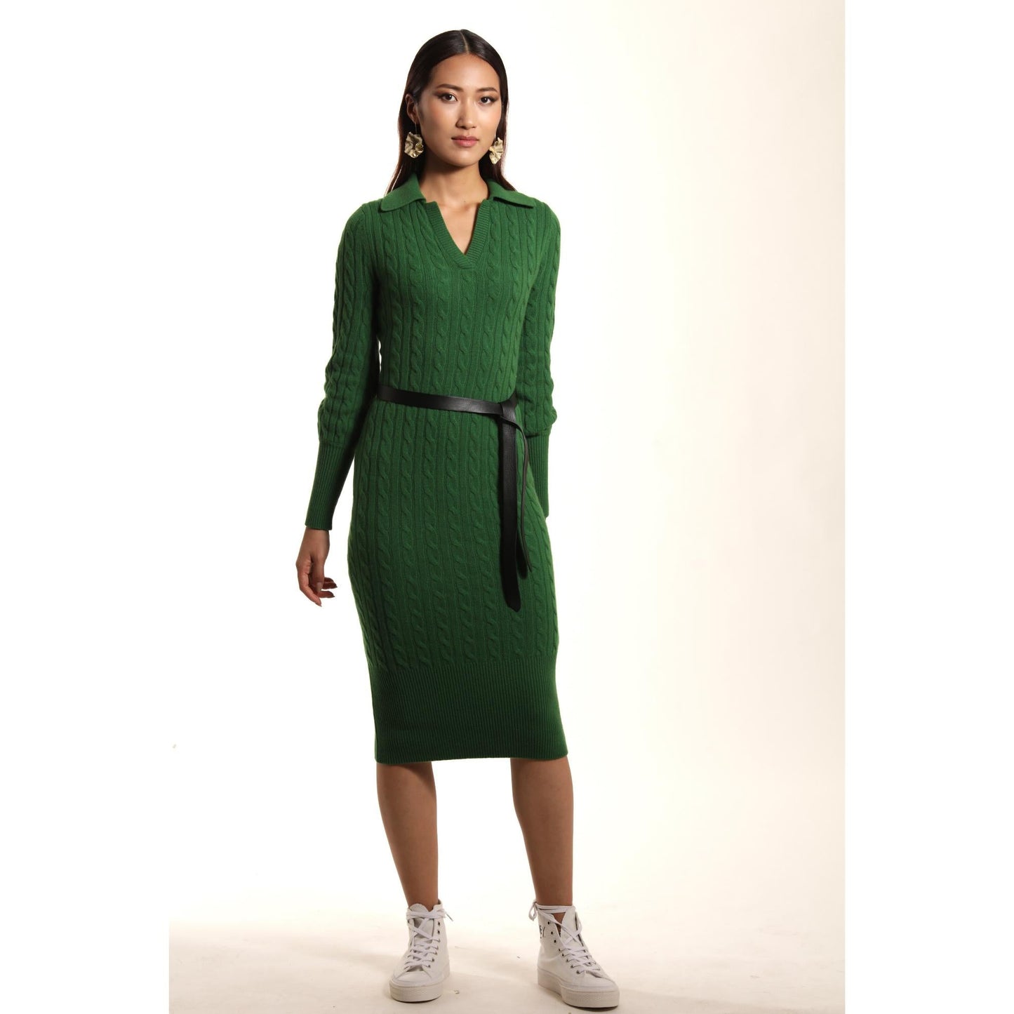 Women Colmar Dress - Slim Fit Cable Knit Dress in Luxurious Cashmere Wool - Green