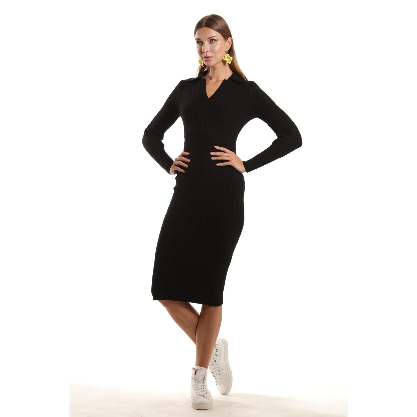 Women Colmar - Slim Fit Cable Knit Dress in Luxurious Cashmere Wool in Black