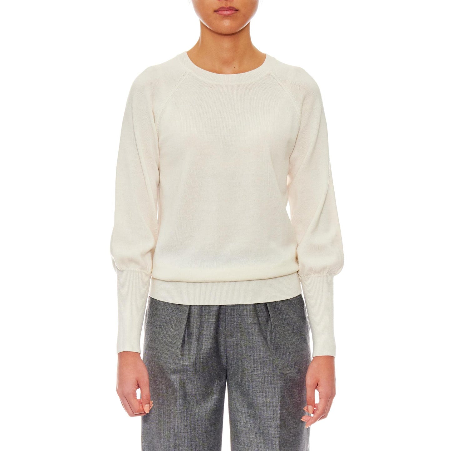 Women Orleans - Long Blousing Sleeve Easy- Care-Wool Blouse With Crew Neck in White