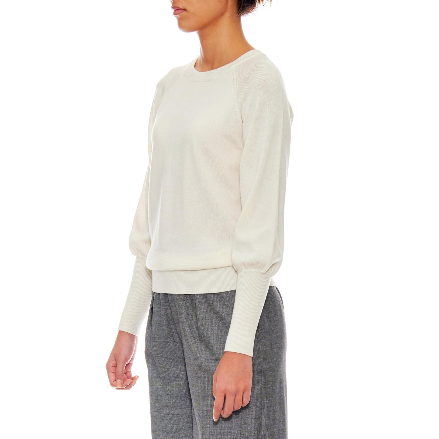 Women Orleans - Long Blousing Sleeve Easy- Care-Wool Blouse With Crew Neck in White