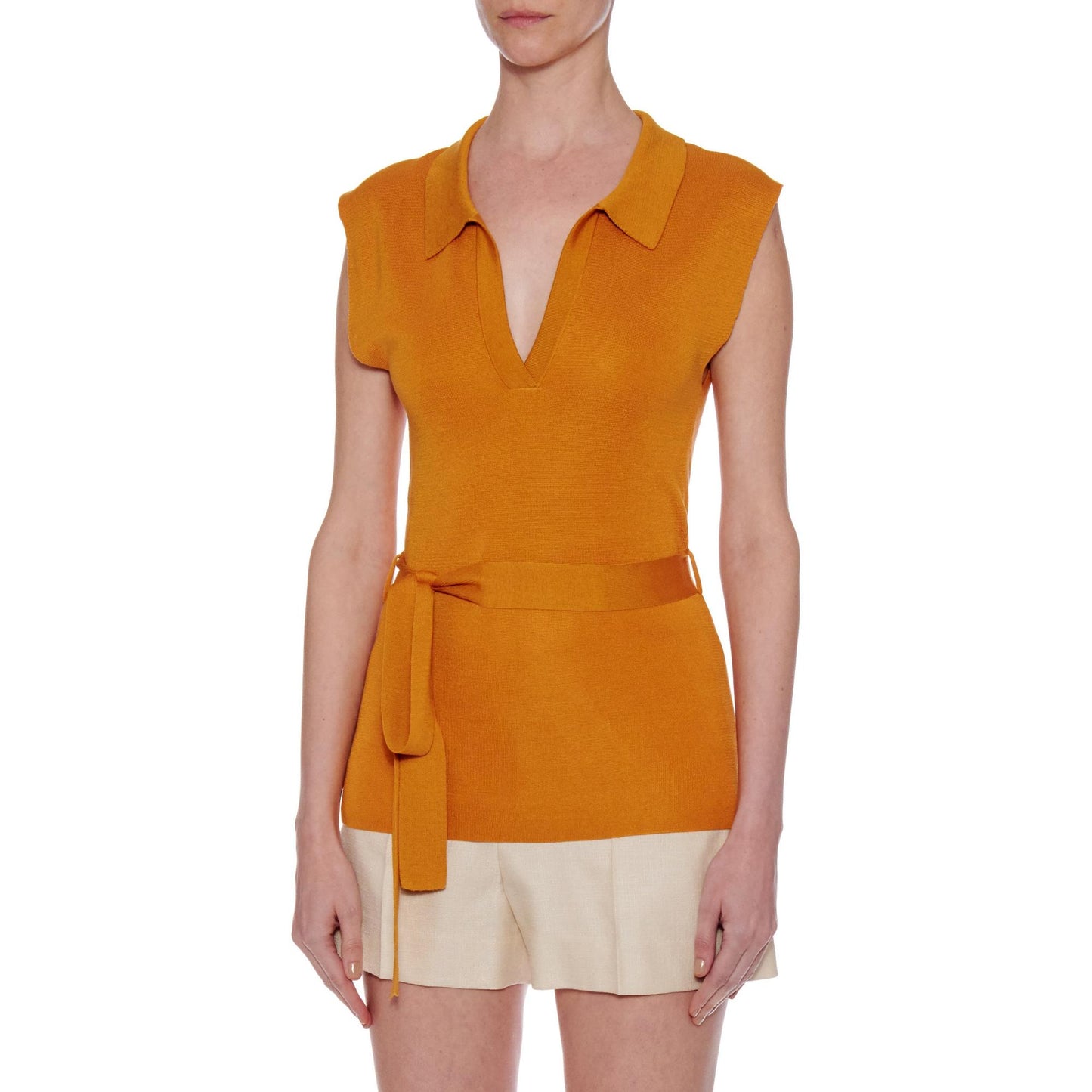 Women Girona Top - Knit Open Collar Top With Belt - Ochre yellow