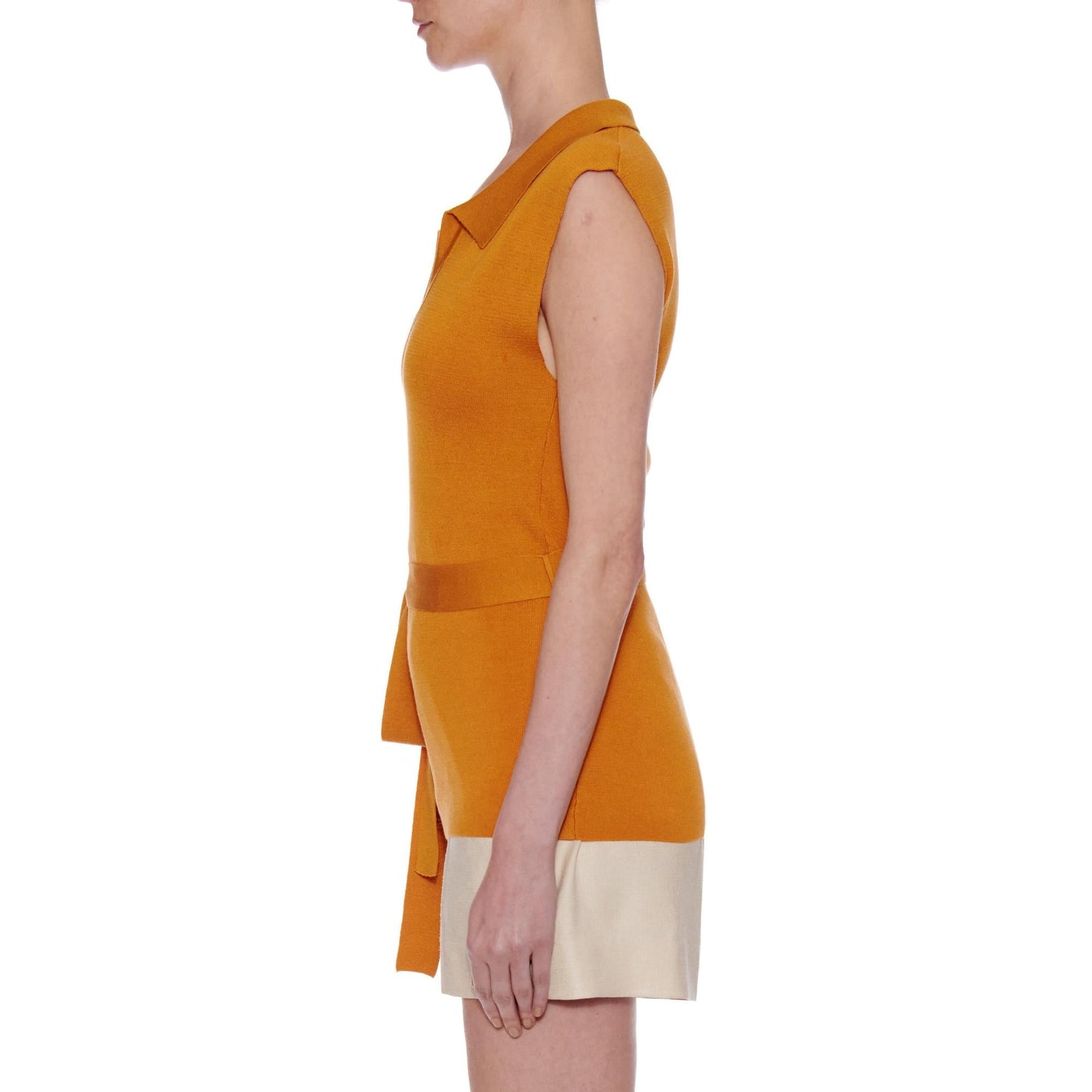 Women Girona Top - Knit Open Collar Top With Belt - Ochre yellow