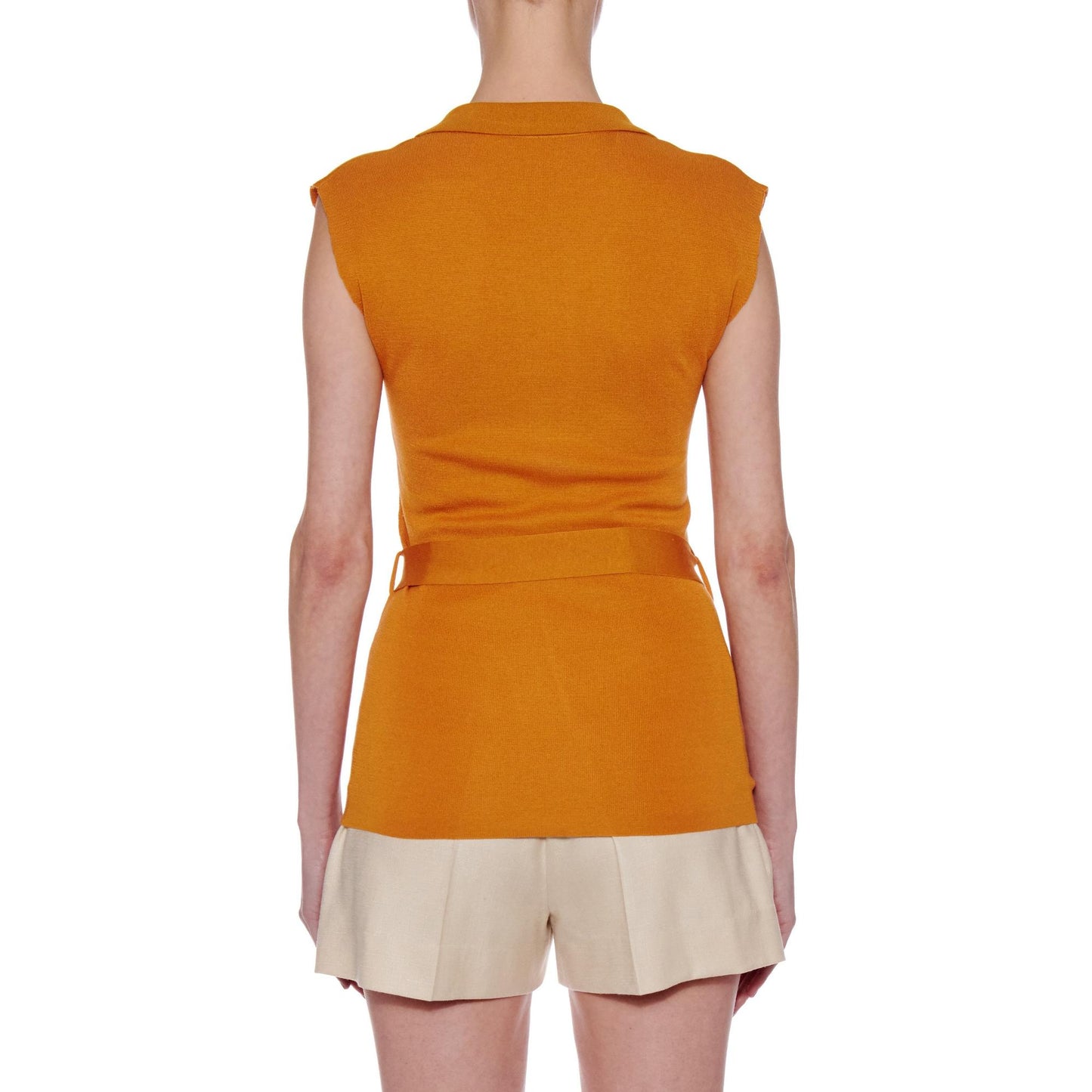 Women Girona Top - Knit Open Collar Top With Belt - Ochre yellow