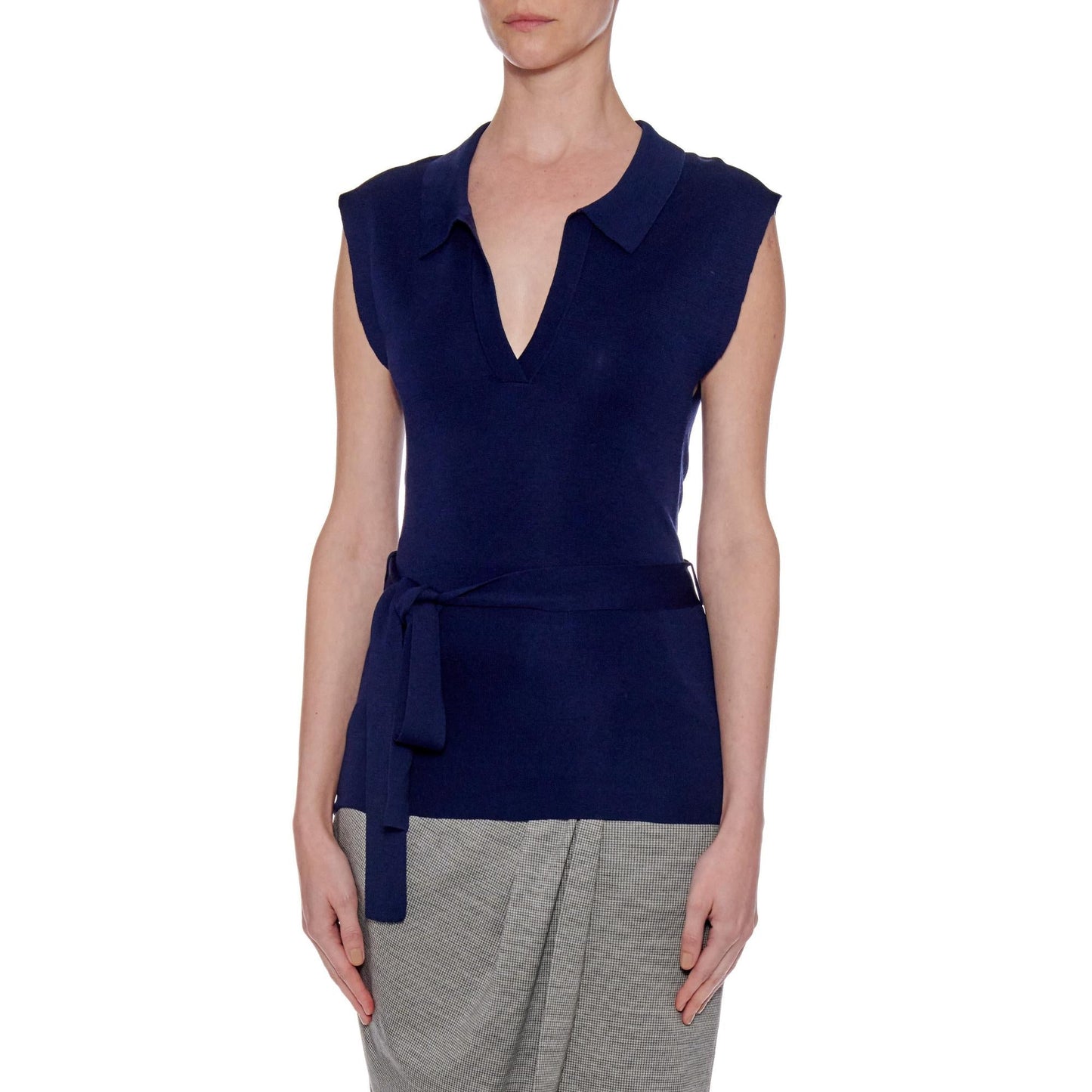 Women Girona Top - Knit Open Collar Top With Belt -  Navy